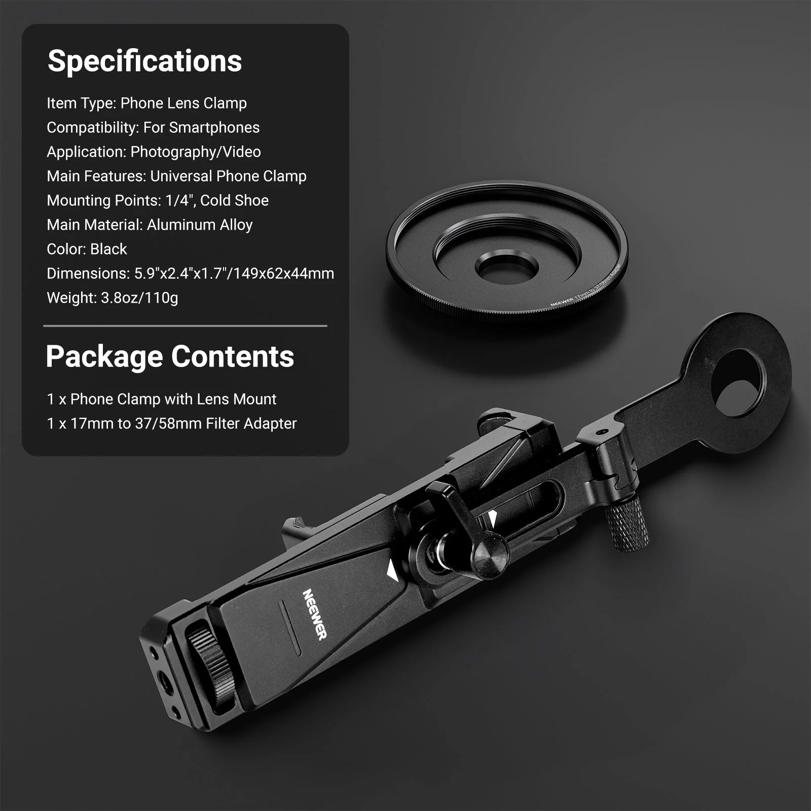 NEEWER PA047 PRO Universal Phone Holder with Lens Adapter & Filter Ring - Image 9