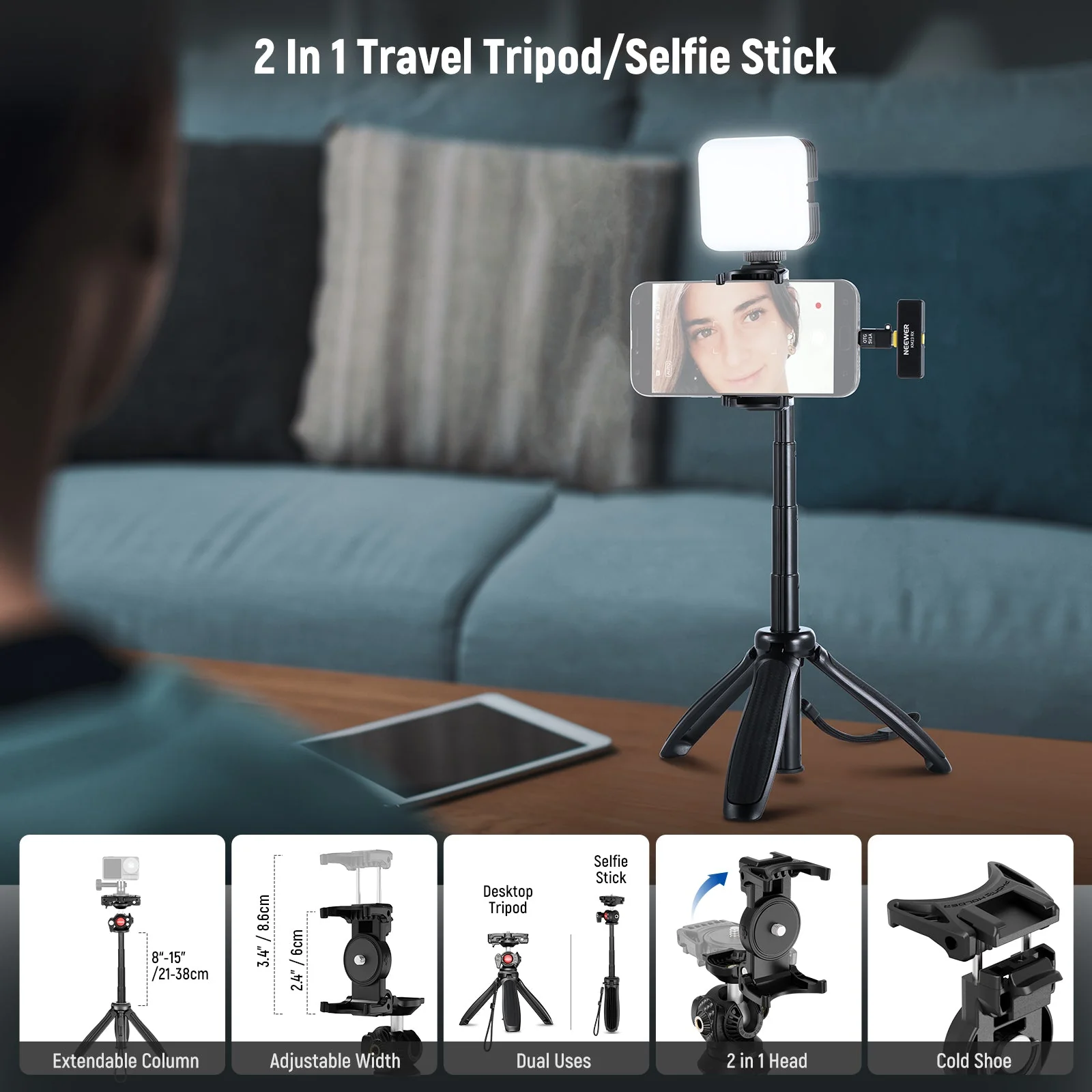 NEEWER PA048 Phone Vlogging Kit with RGB Light/Wireless Mic/Selfie Stick - Image 3