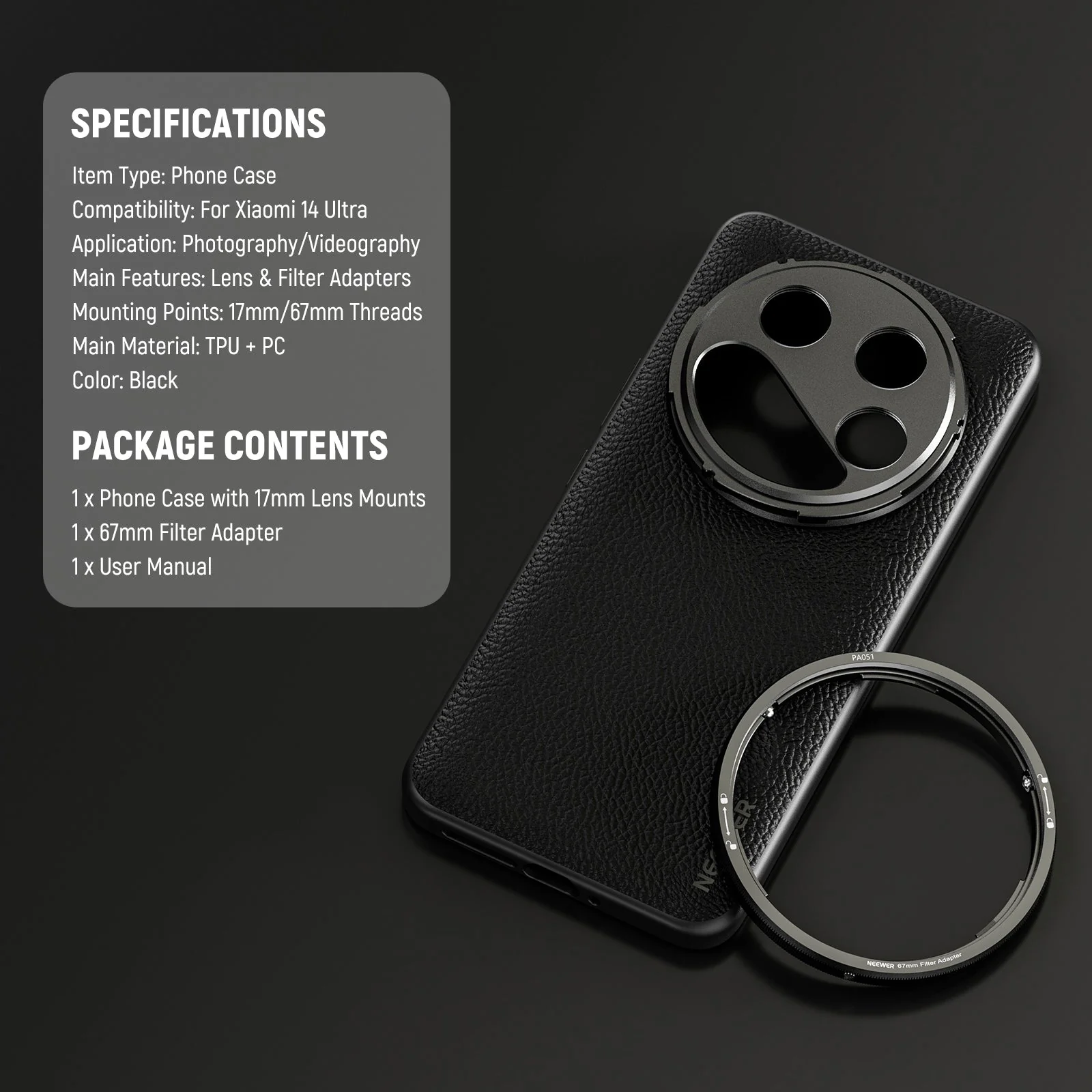 NEEWER PA051 Black Case for Xiaomi 14 Ultra with 17mm/67mm Adapters - Image 8