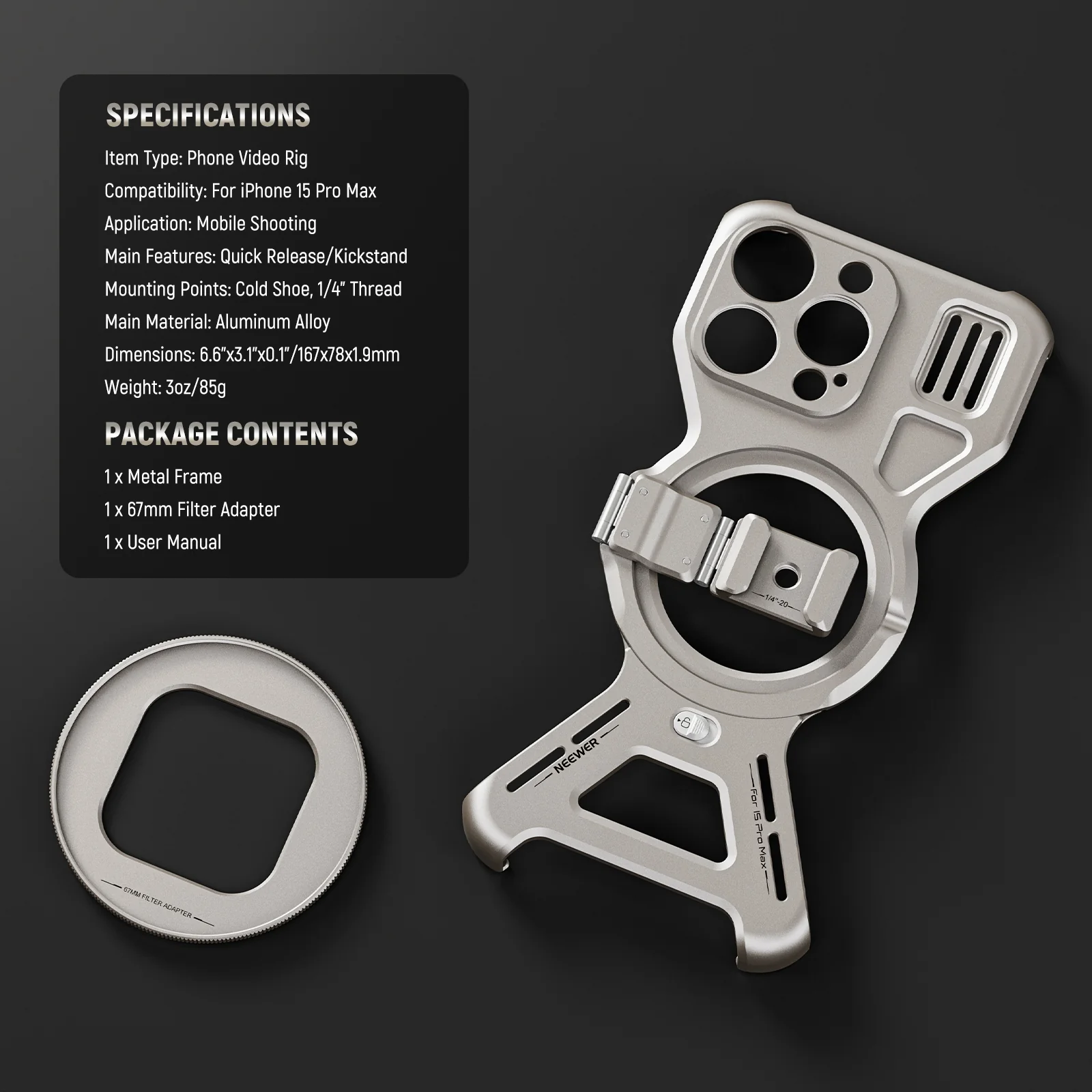 NEEWER PA067/PA068 LiteArmor Metal Frame Video Rig for iPhone 15 Pro/Pro Max - Image 10