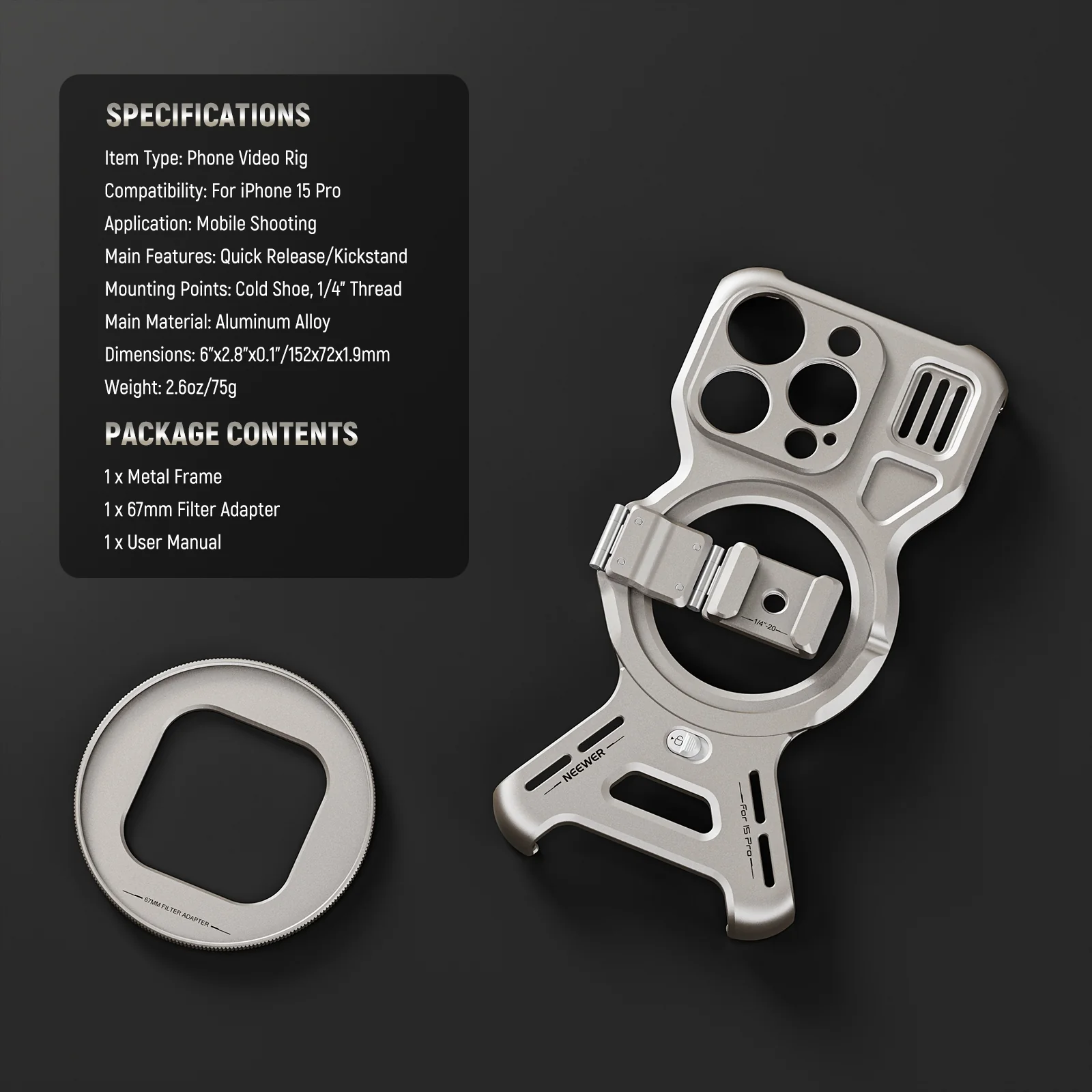 NEEWER PA067/PA068 LiteArmor Metal Frame Video Rig for iPhone 15 Pro/Pro Max - Image 9