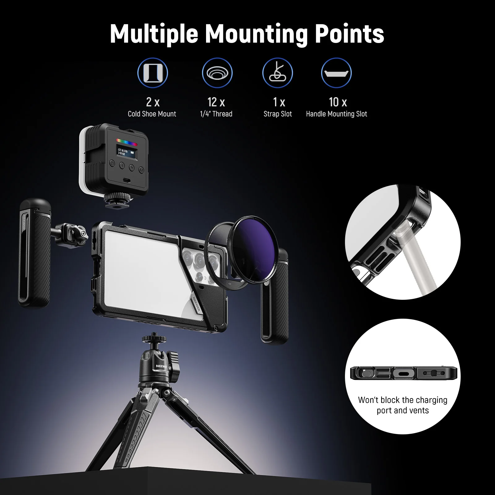 NEEWER PA082 Phone Cage For Samsung S25 Ultra with 67mm Filter/17mm/T Mount Adapters - Image 22