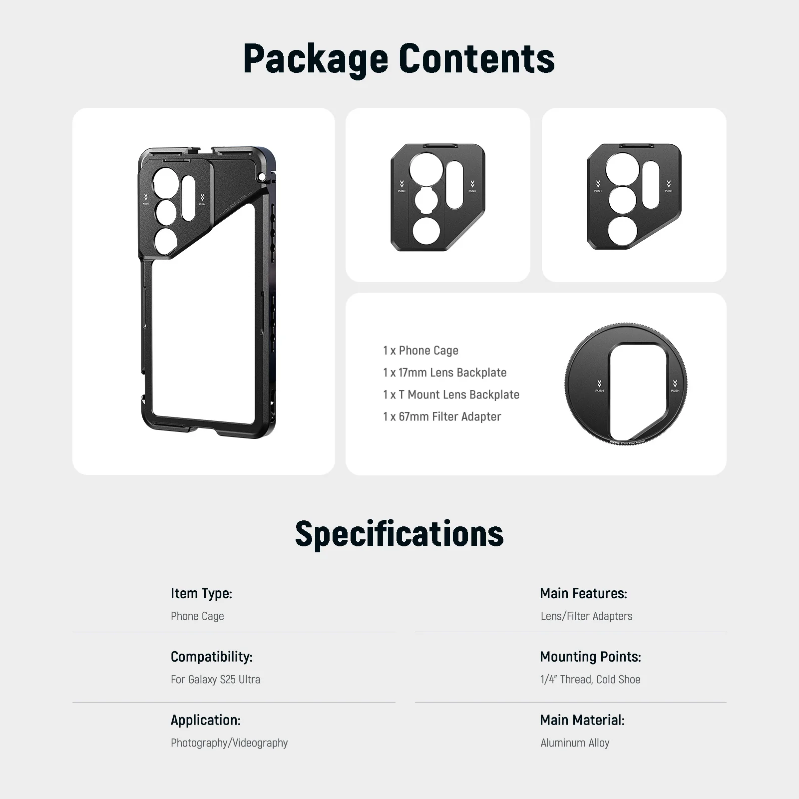 NEEWER PA082 Phone Cage For Samsung S25 Ultra with 67mm Filter/17mm/T Mount Adapters - Image 8