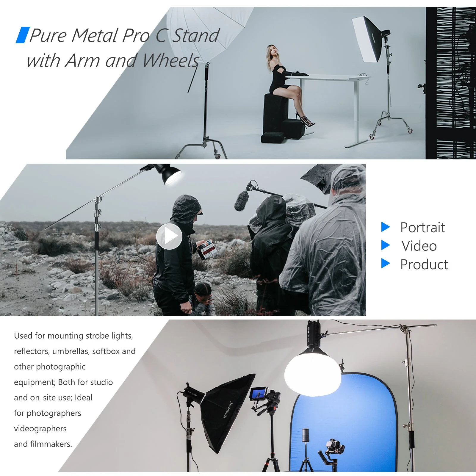 NEEWER SC330W 330cm Metal C Stand With Wheels & Boom Arm - Image 7
