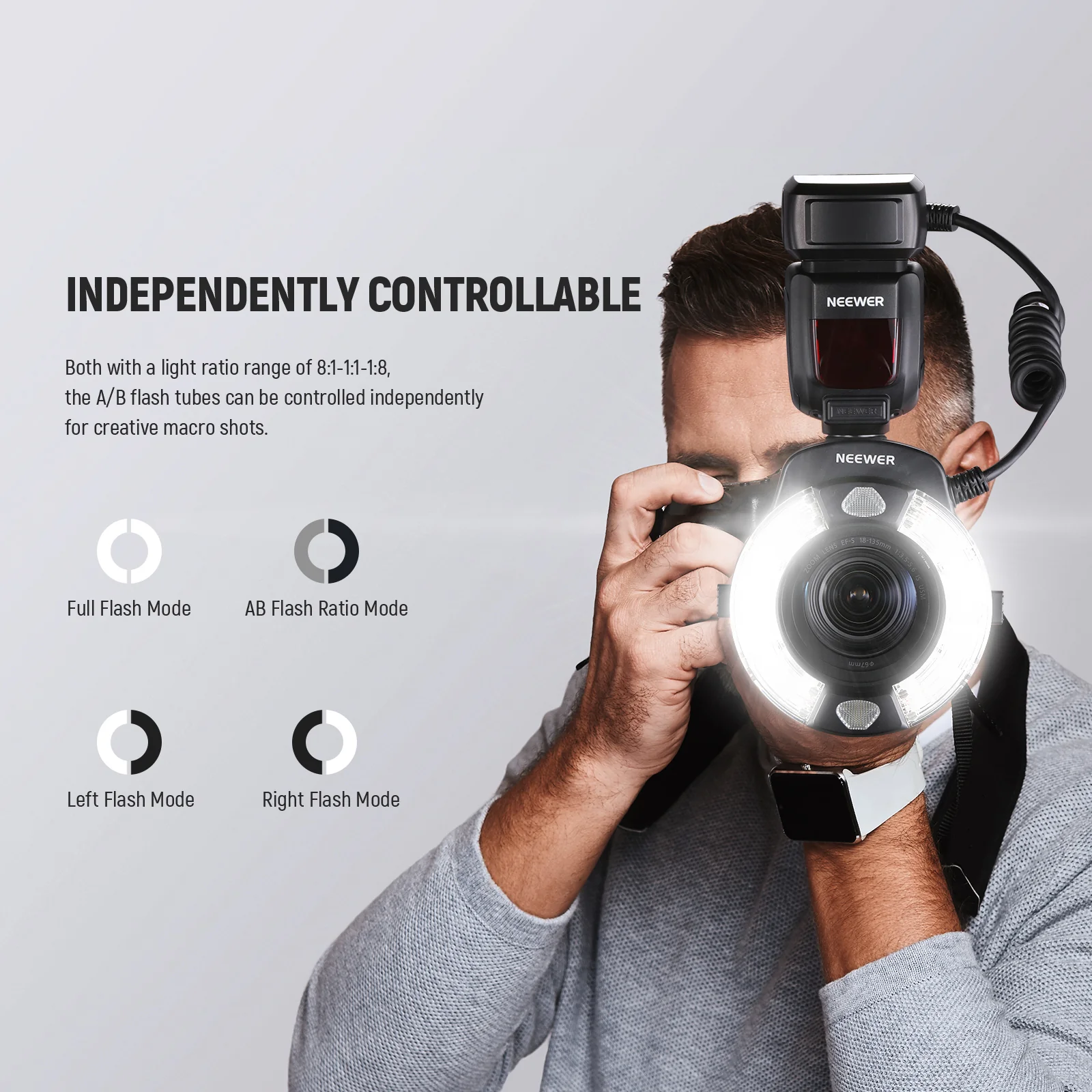 NEEWER RF1-C/N/S 76Ws TTL Marco Ring Flash with Gels & Adapter Rings - Image 4