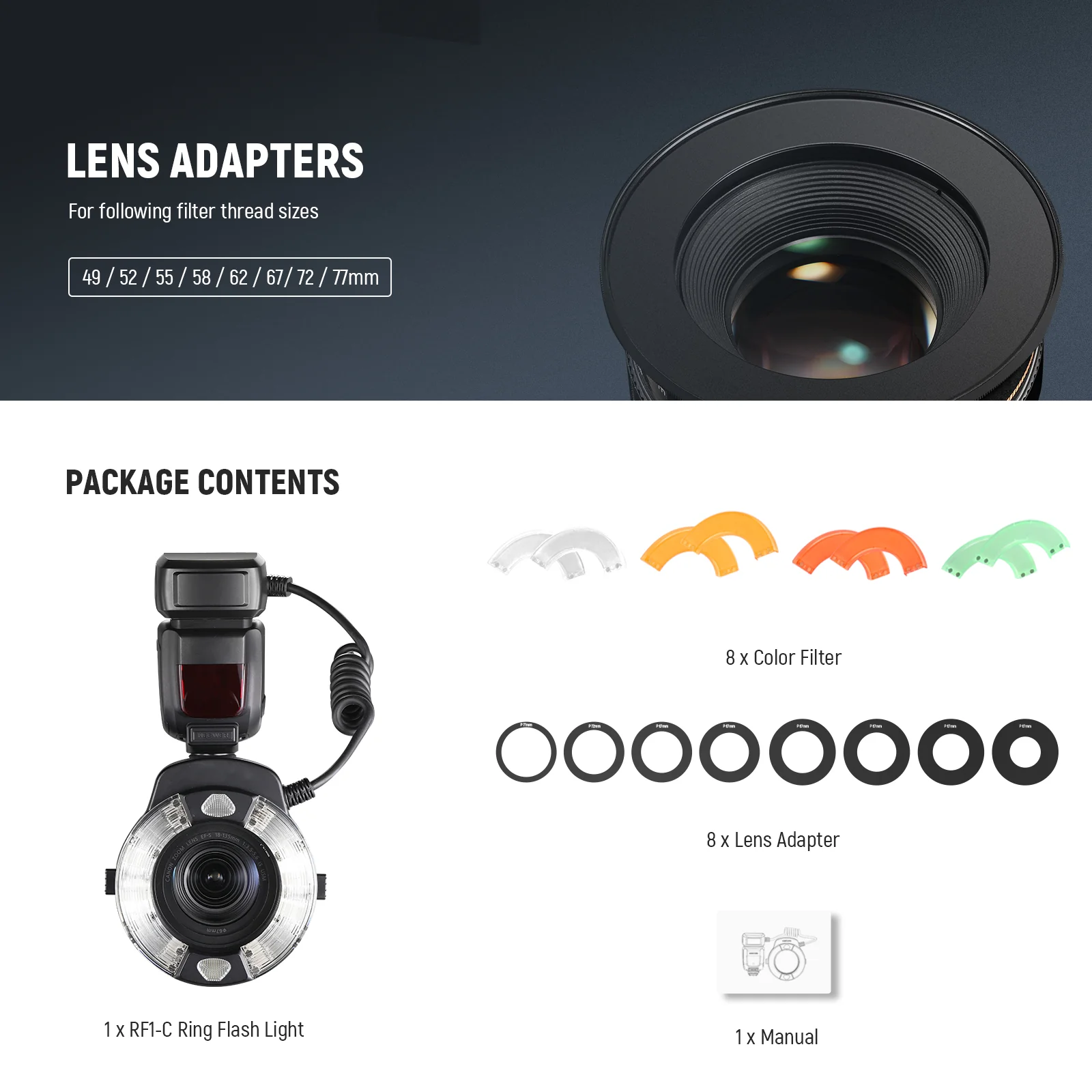 NEEWER RF1-C/N/S 76Ws TTL Marco Ring Flash with Gels & Adapter Rings - Image 9