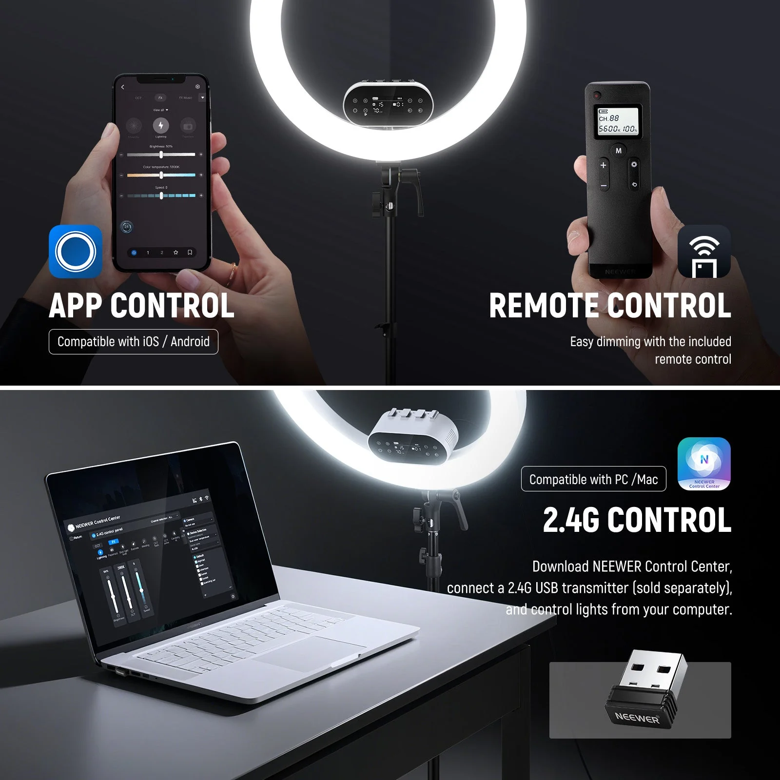 NEEWER RH100B 19" 100W High Power LED Ring Light Kit - Image 5