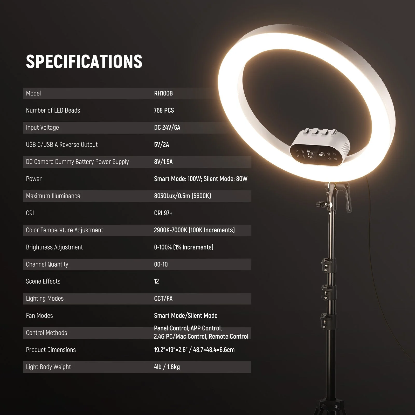 NEEWER RH100B 19" 100W High Power LED Ring Light Kit - Image 8