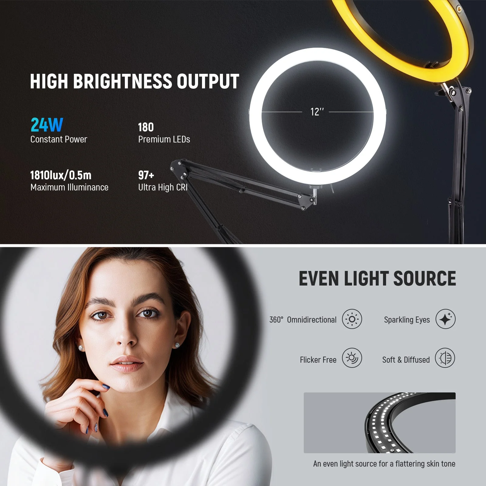 NEEWER RH12B 12" 24W High Power LED Ring Light with Foldable Stand - Image 2