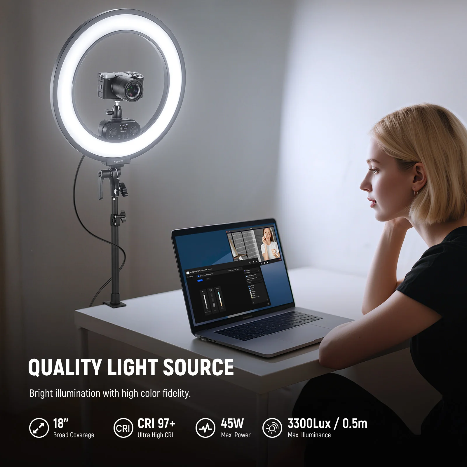NEEWER RL45B 18" 45W Bi-Color Slim Edge Lit Ring Light Kit - Image 12