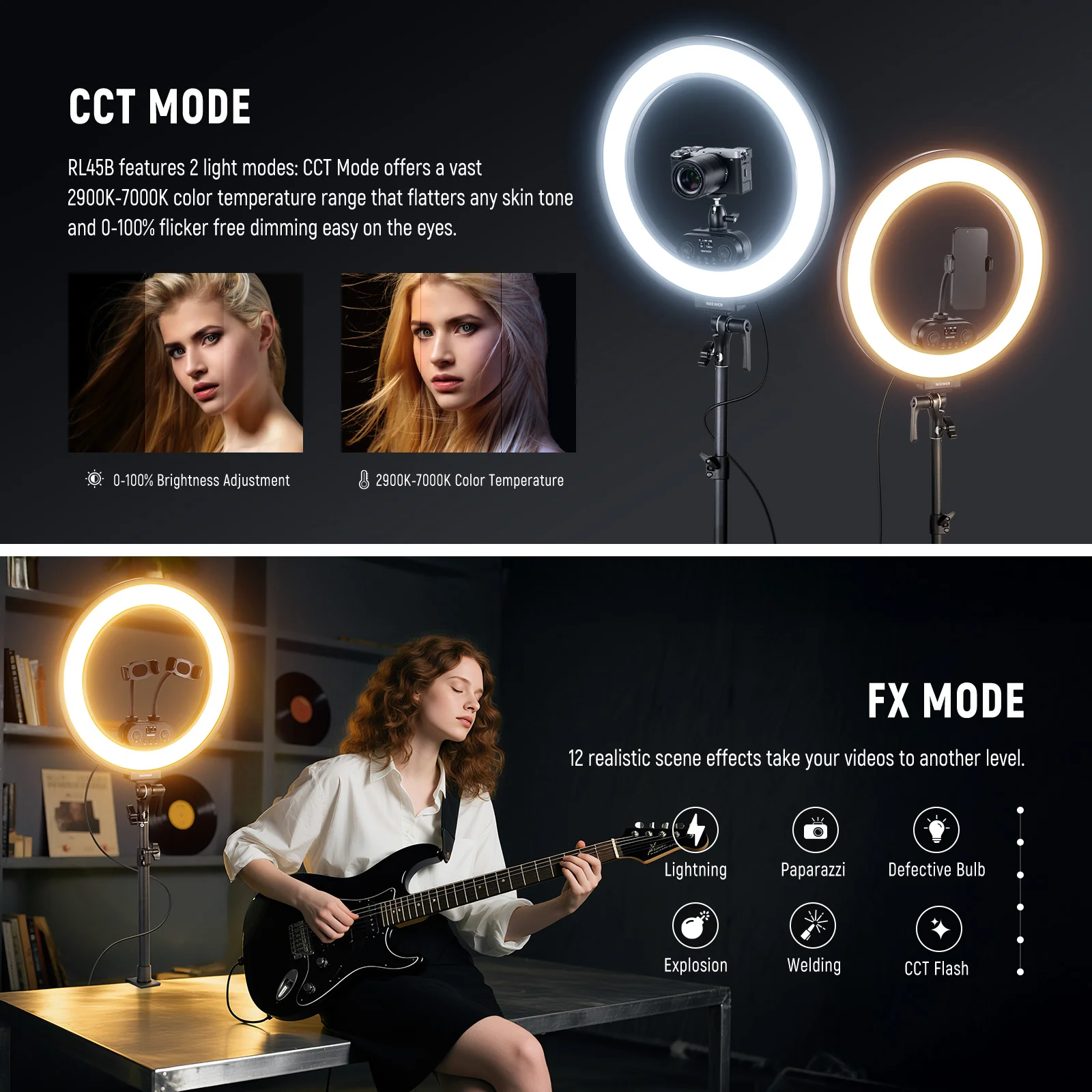 NEEWER RL45B 18" 45W Bi-Color Slim Edge Lit Ring Light Kit - Image 13