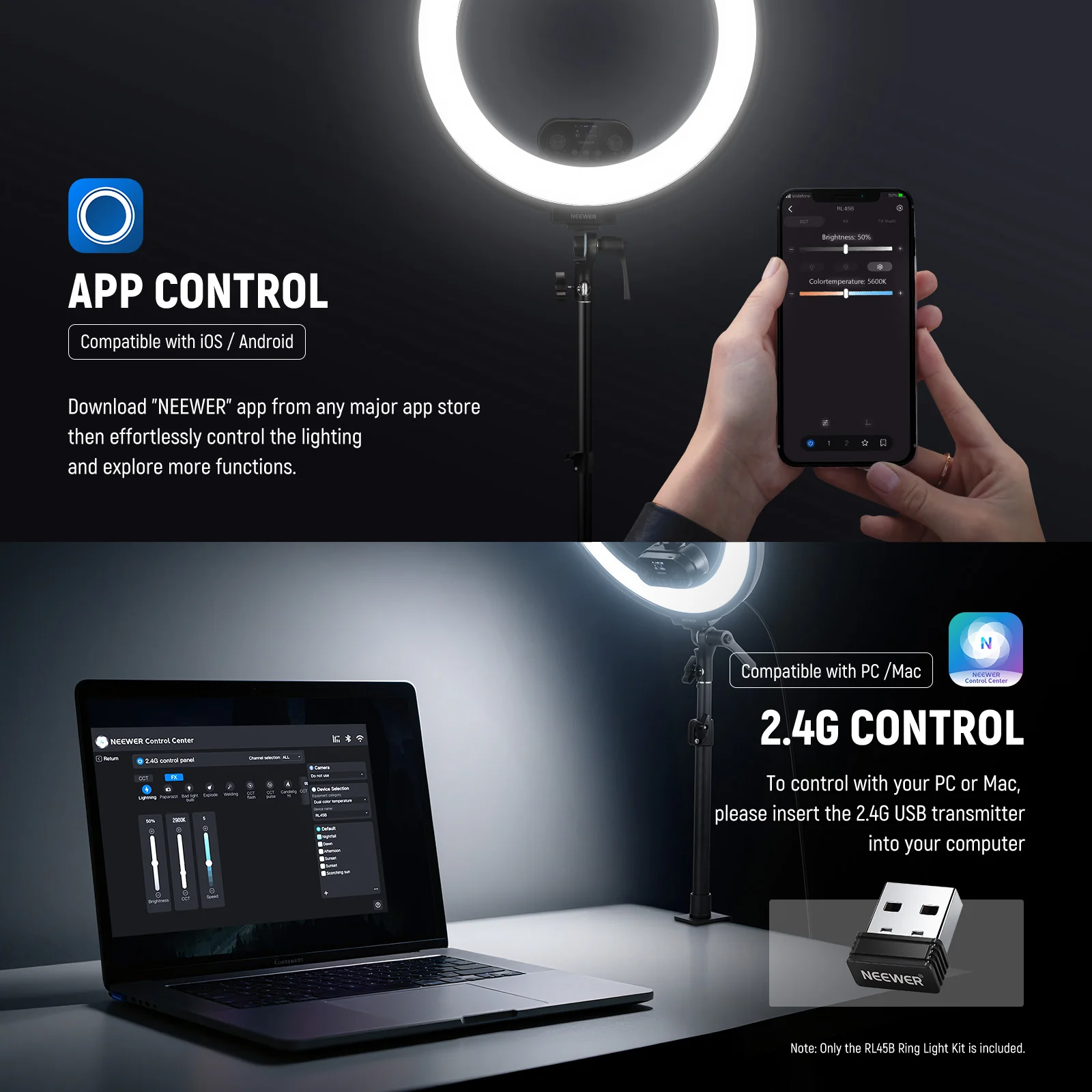 NEEWER RL45B 18" 45W Bi-Color Slim Edge Lit Ring Light Kit - Image 15
