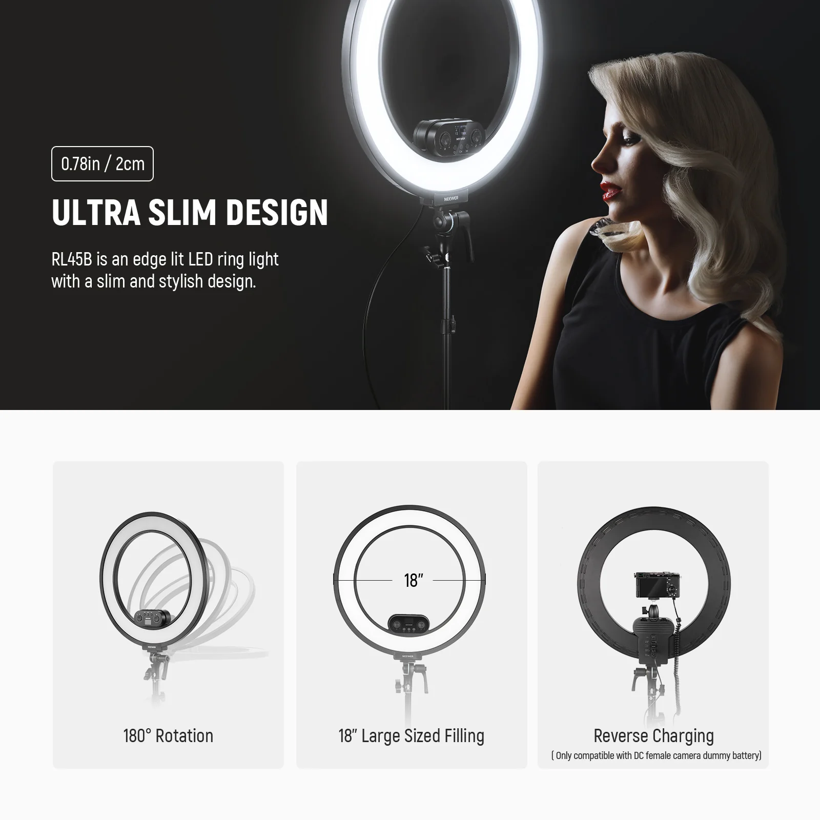 NEEWER RL45B 18" 45W Bi-Color Slim Edge Lit Ring Light Kit - Image 17