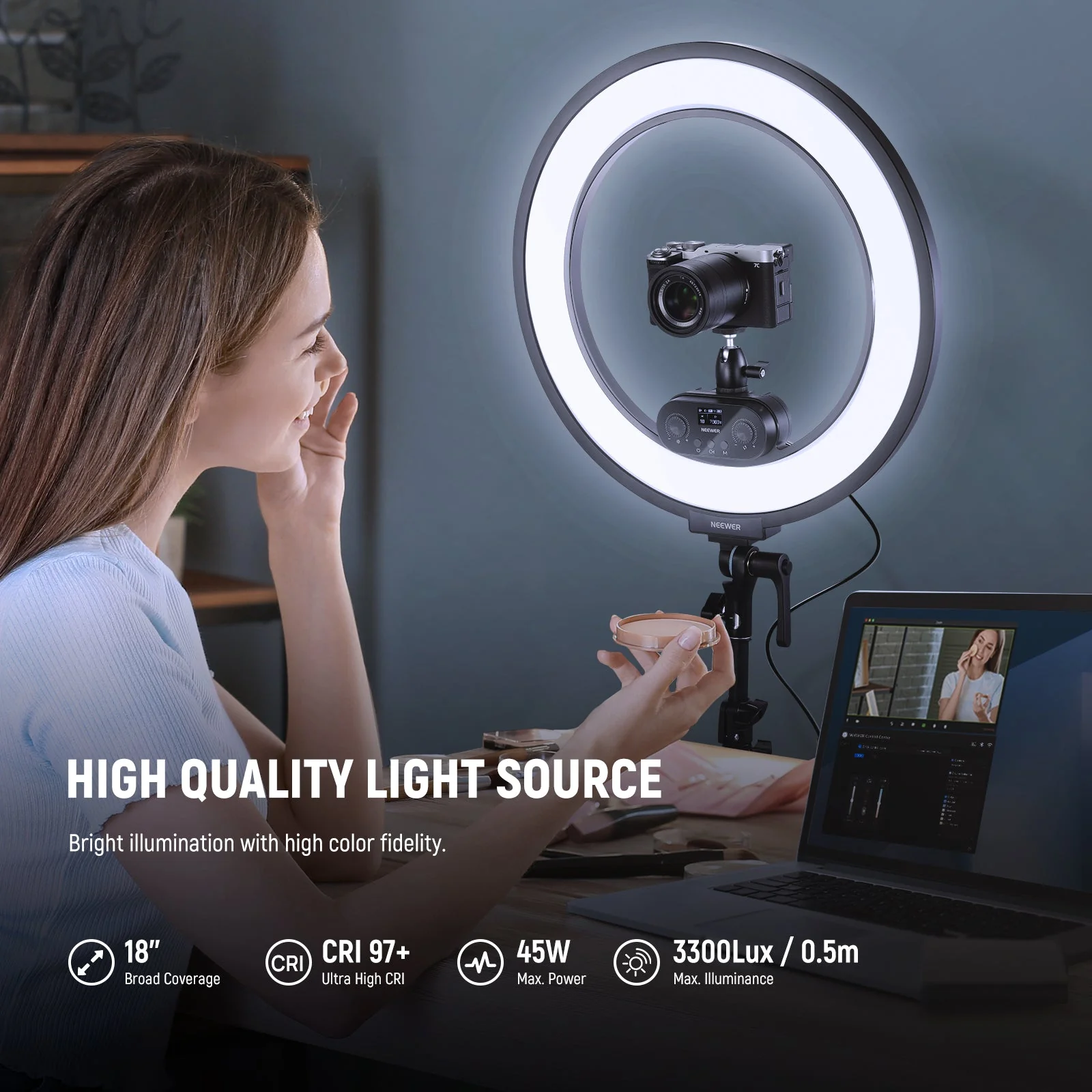 NEEWER RL45B 18" 45W Bi-Color Slim Edge Lit Ring Light Kit - Image 3