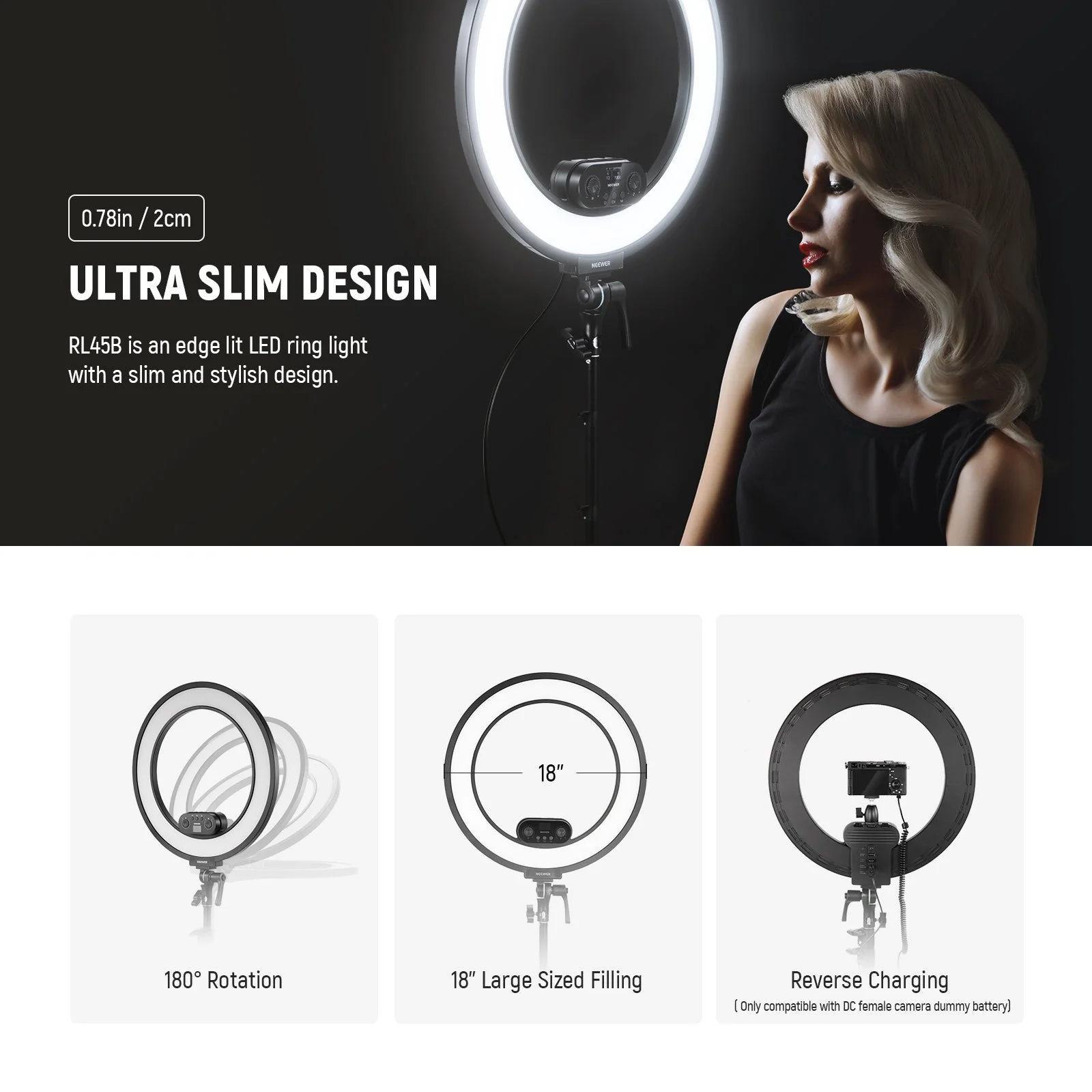 NEEWER RL45B 18" 45W Bi-Color Slim Edge Lit Ring Light Kit - Image 8