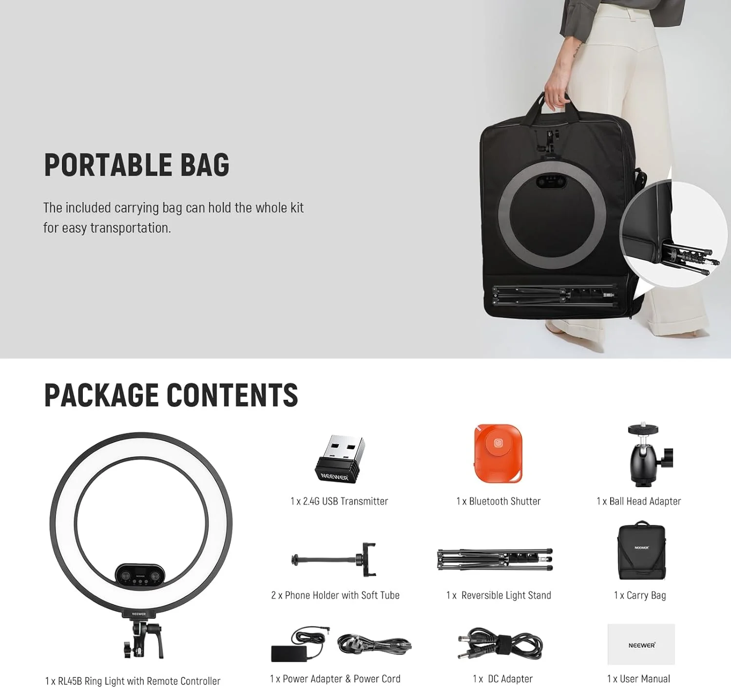 NEEWER RL45B 18" 45W Bi-Color Slim Edge Lit Ring Light Kit - Image 9