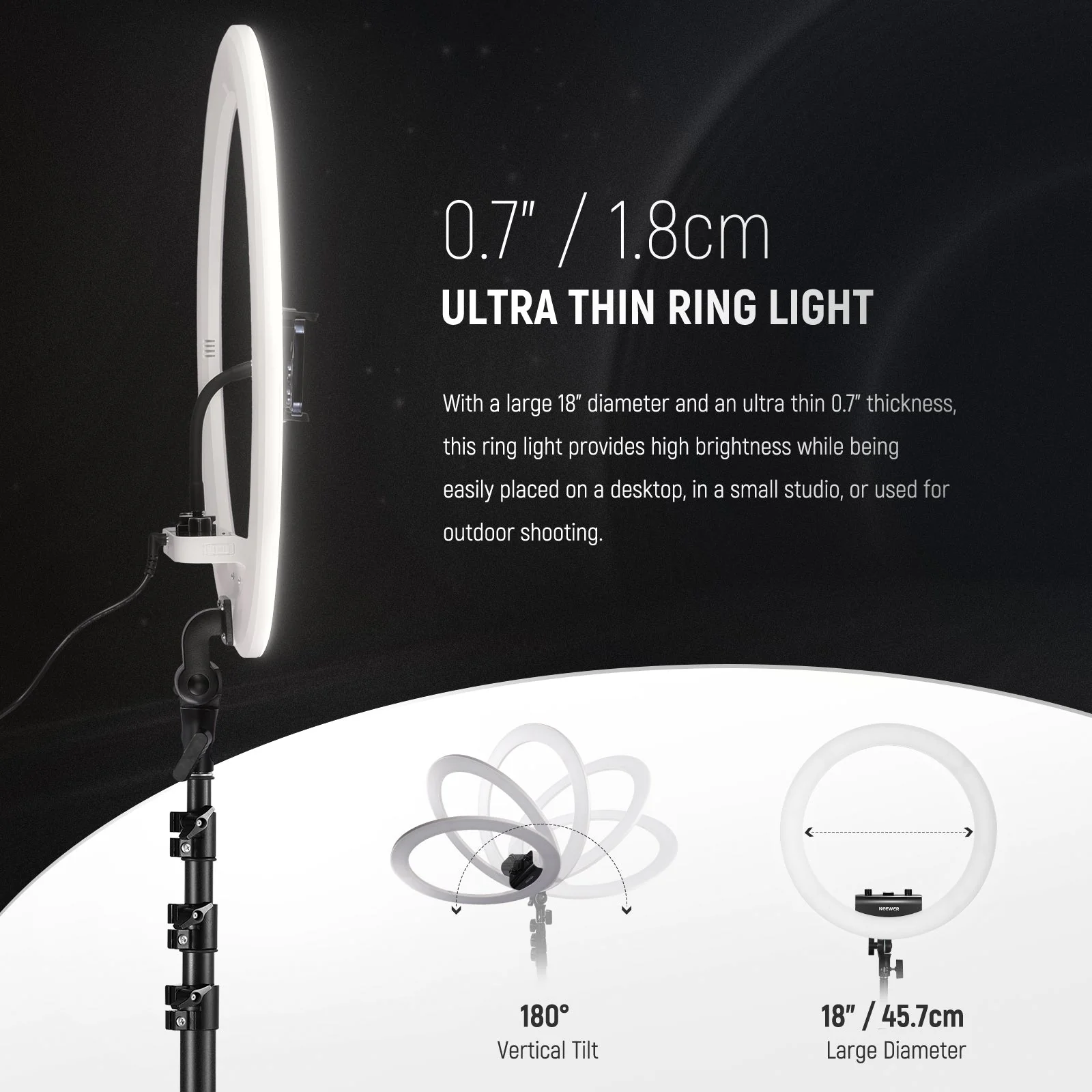 NEEWER RP18B Pro 18“ 45W Ultra Thin Ring Light Kit with Stand - Image 13