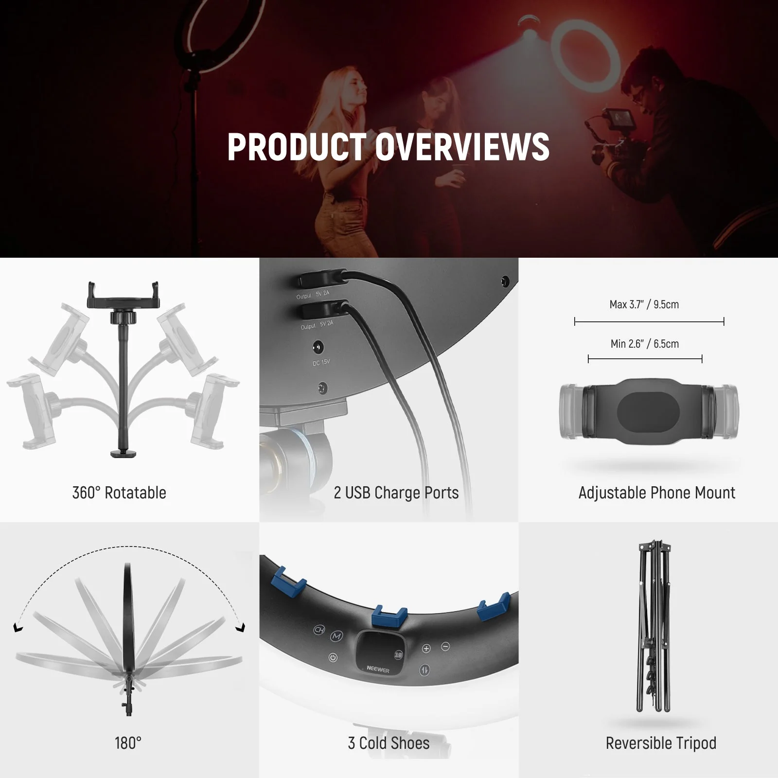 NEEWER RP19C 19" RGB LED Ring Light Kit with 3 Phone Holders - Image 6