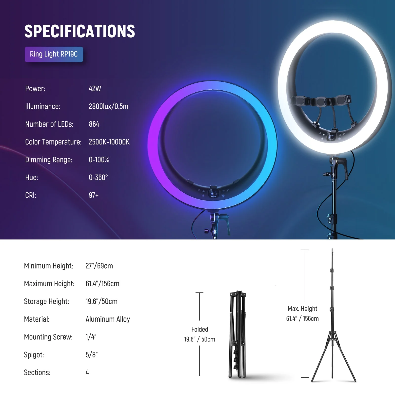 NEEWER RP19C 19" RGB LED Ring Light Kit with 3 Phone Holders - Image 7