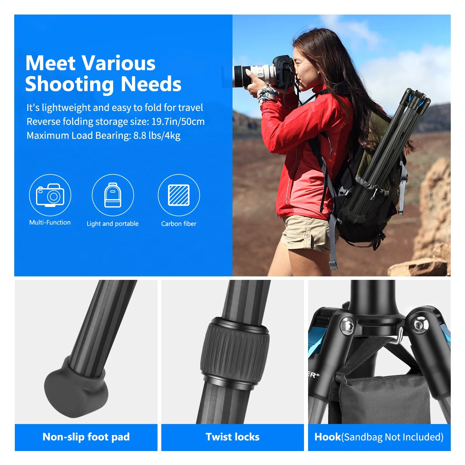 NEEWER 78.7"/200cm Carbon Fiber Tripod Light Stand with Bag - Image 8