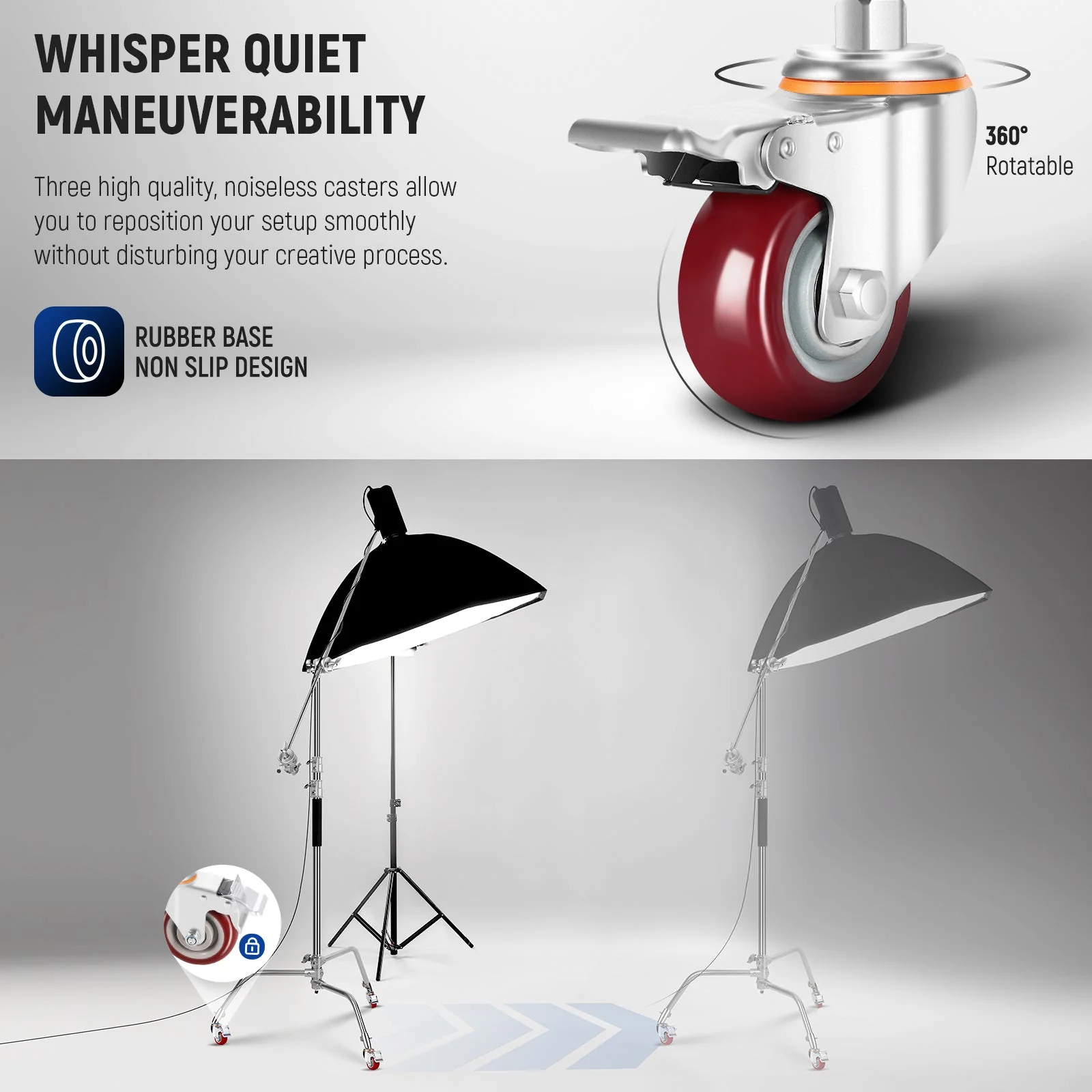 NEEWER SC186W 186cm Wheeled Stainless Steel Heavy Duty C Stand - Image 4