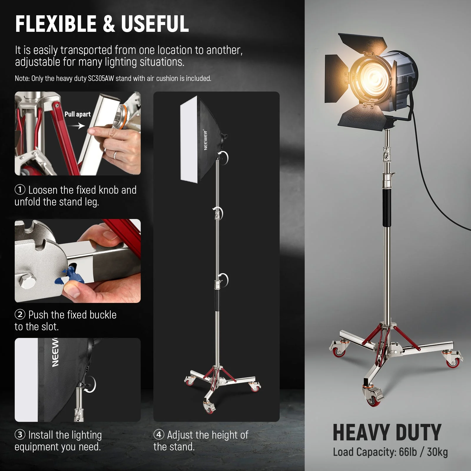 NEEWER SC305AW 10ft Stainless Steel Heavy Duty Wheeled Light Stand - Image 5