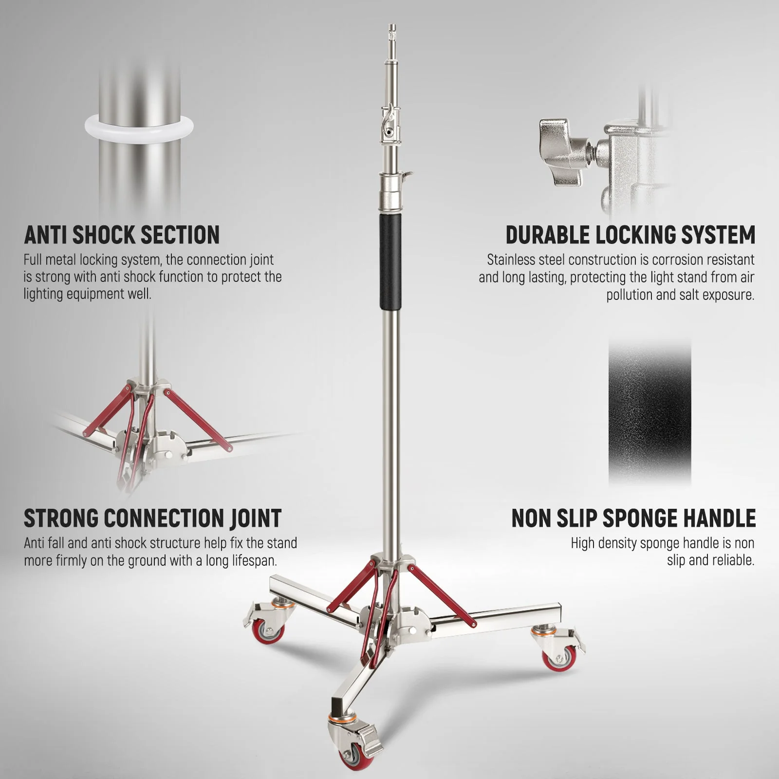 NEEWER SC305AW 10ft Stainless Steel Heavy Duty Wheeled Light Stand - Image 8