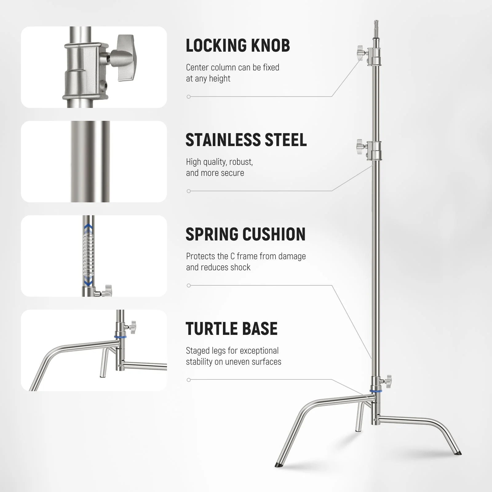 NEEWER SC320Q 10.5ft/320cm Stainless Steel Heavy Duty C Stand with Boom Arm - Image 4