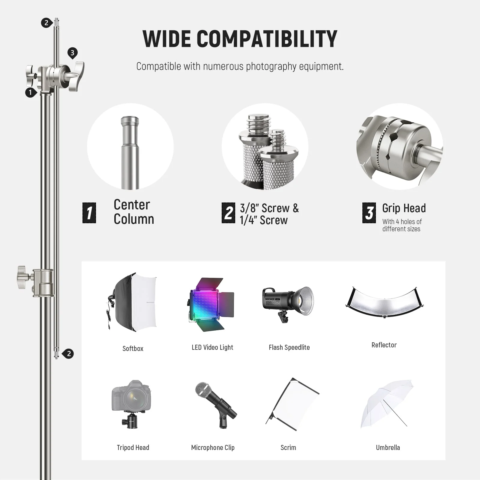 NEEWER SC320Q 10.5ft/320cm Stainless Steel Heavy Duty C Stand with Boom Arm - Image 6