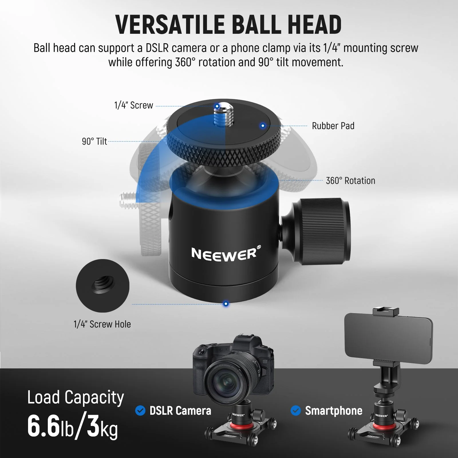 NEEWER SD001 Camera Slider Dolly with Ball Head & Phone Clamp - Image 4