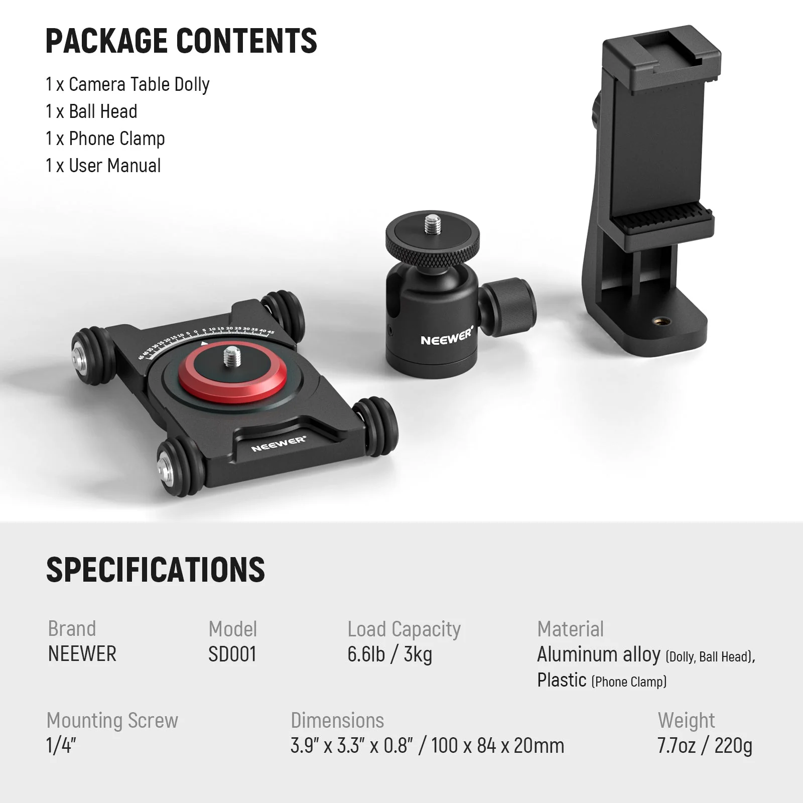 NEEWER SD001 Camera Slider Dolly with Ball Head & Phone Clamp - Image 7