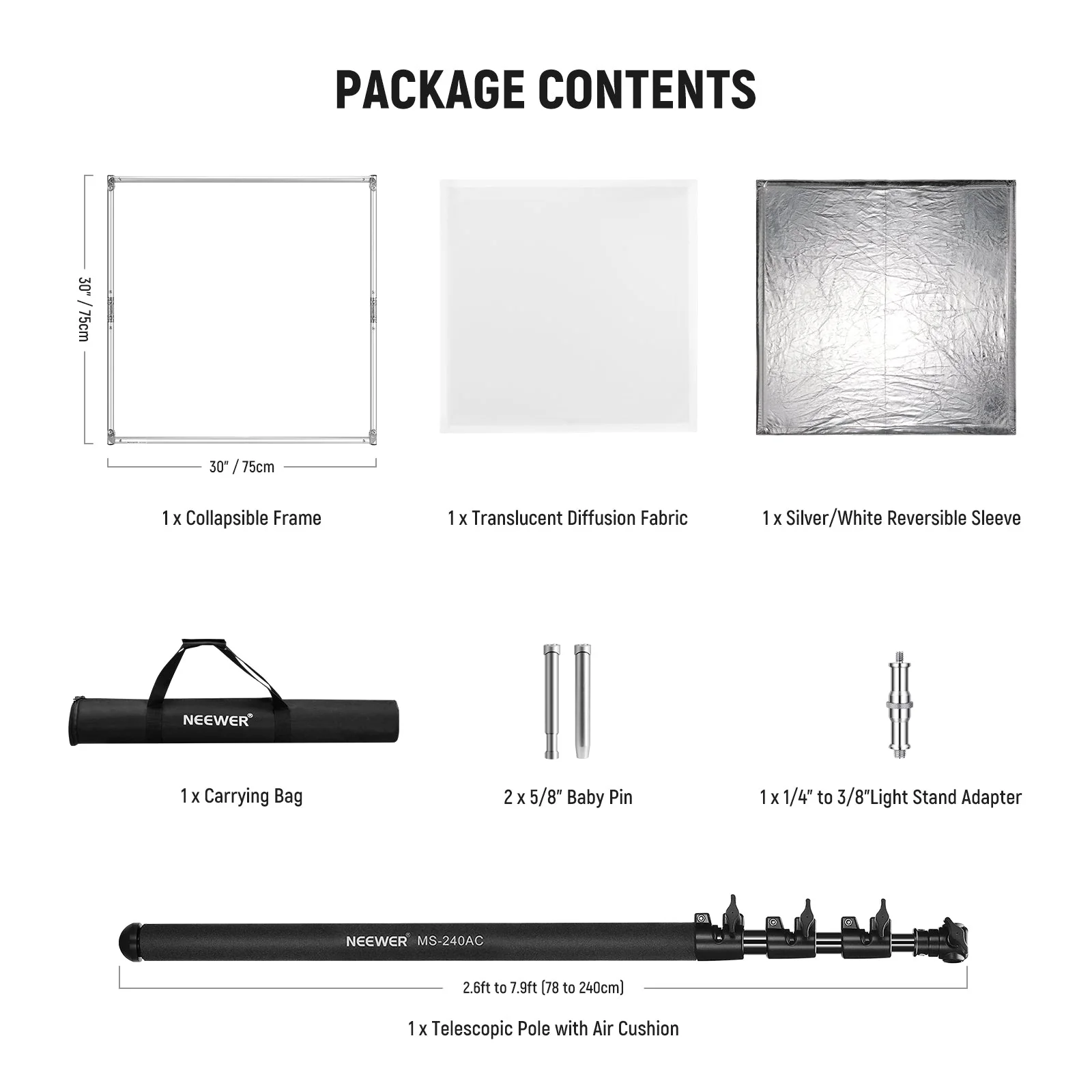 NEEWER SF7575F+MS-240AC Light Diffusion Panel Scrim Kit with Boom Pole - Image 2