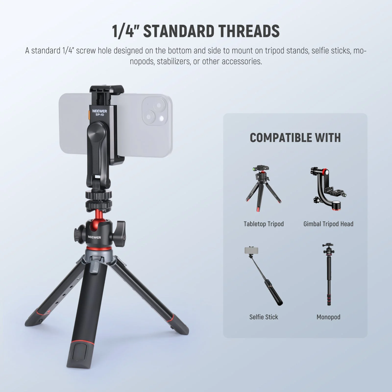 NEEWER BASICS SP-10 Phone Tripod Mount Holder with 1/4" Thread & Cold Shoe - Image 3