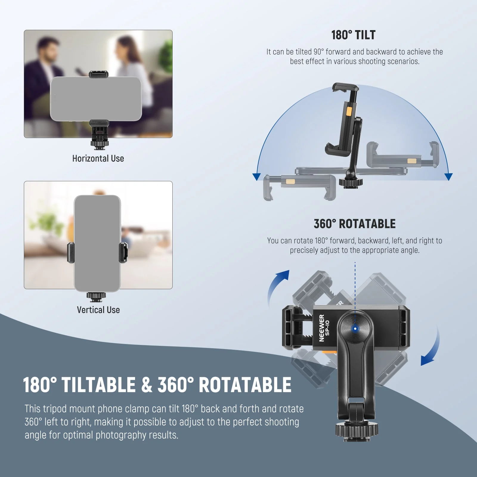 NEEWER BASICS SP-10 Phone Tripod Mount Holder with 1/4" Thread & Cold Shoe - Image 6