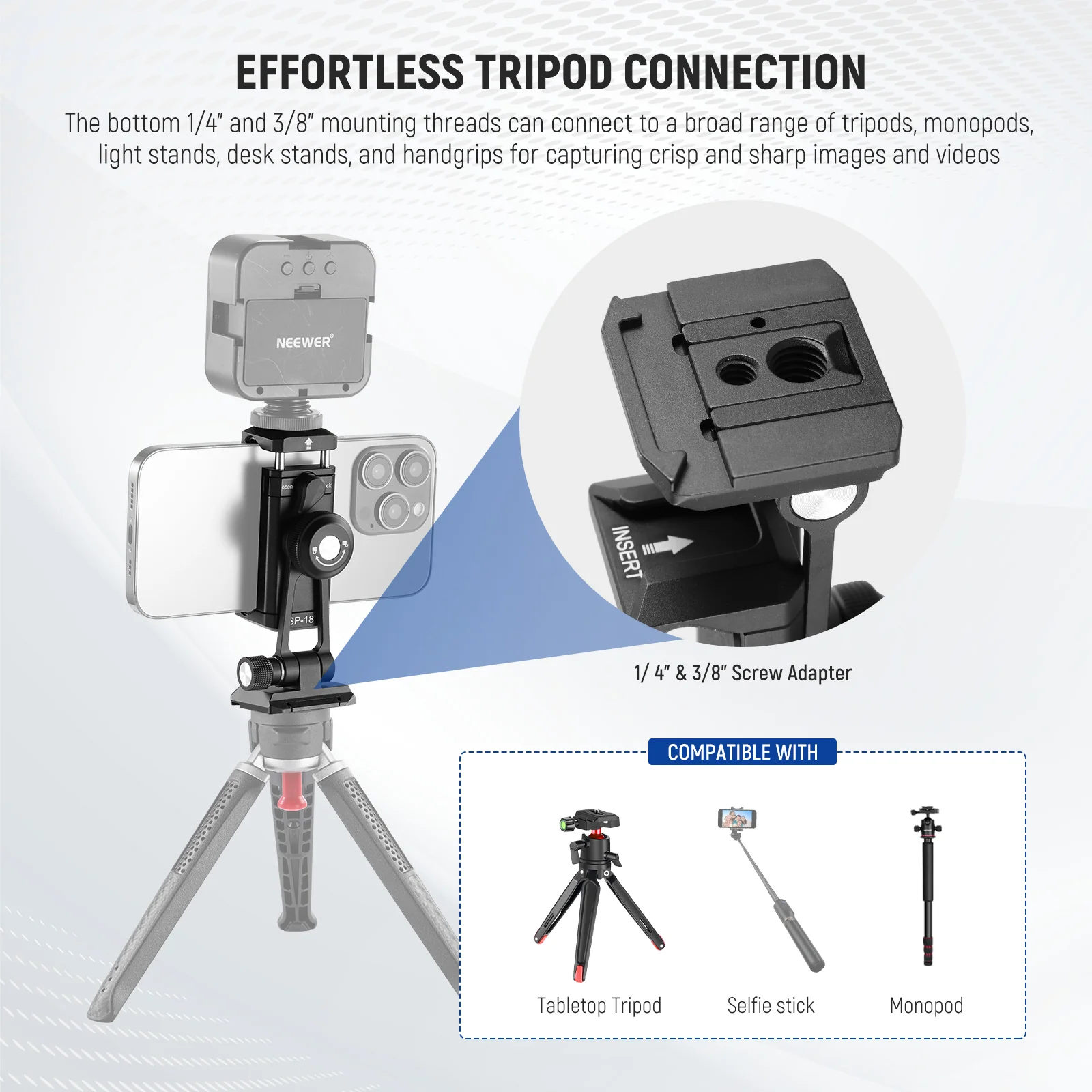 NEEWER SP-18 Phone Tripod Mount Adapter with Arca Type QR Base - Image 7