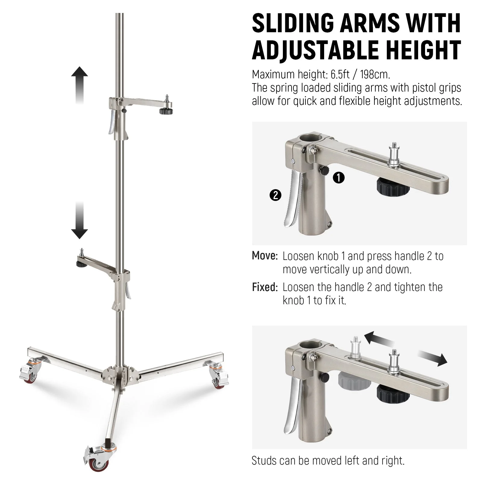 NEEWER ST198SS 6.5ft/198cm Stainless Steel Wheeled Stand - Image 3