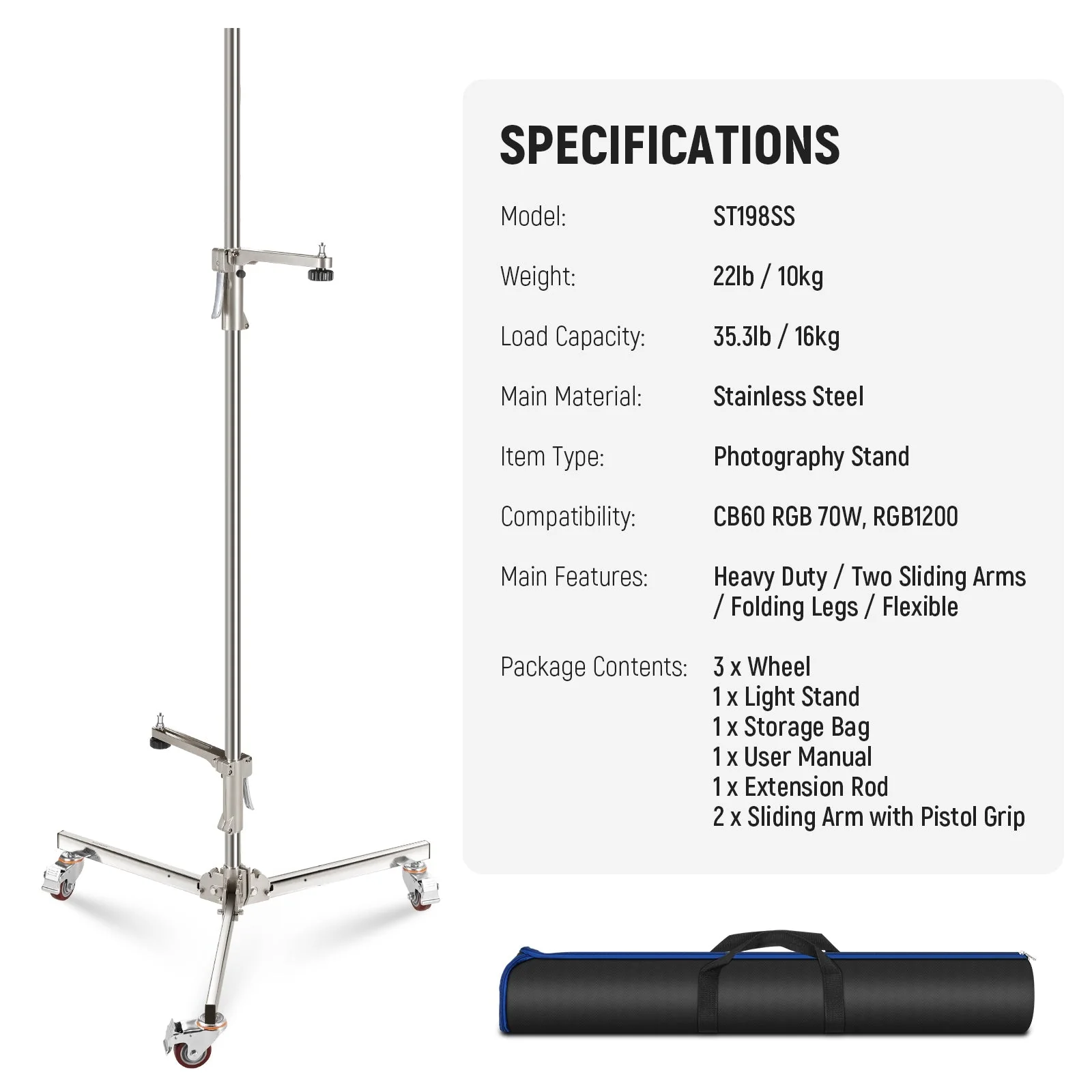 NEEWER ST198SS 6.5ft/198cm Stainless Steel Wheeled Stand - Image 8