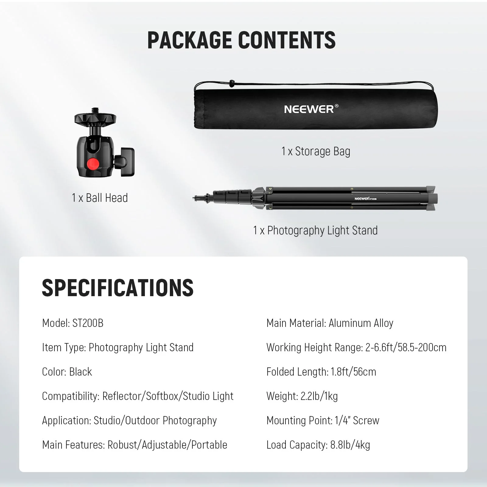 NEEWER ST200B 200cm Aluminum Photography Light Stand with Ball Head - Image 8