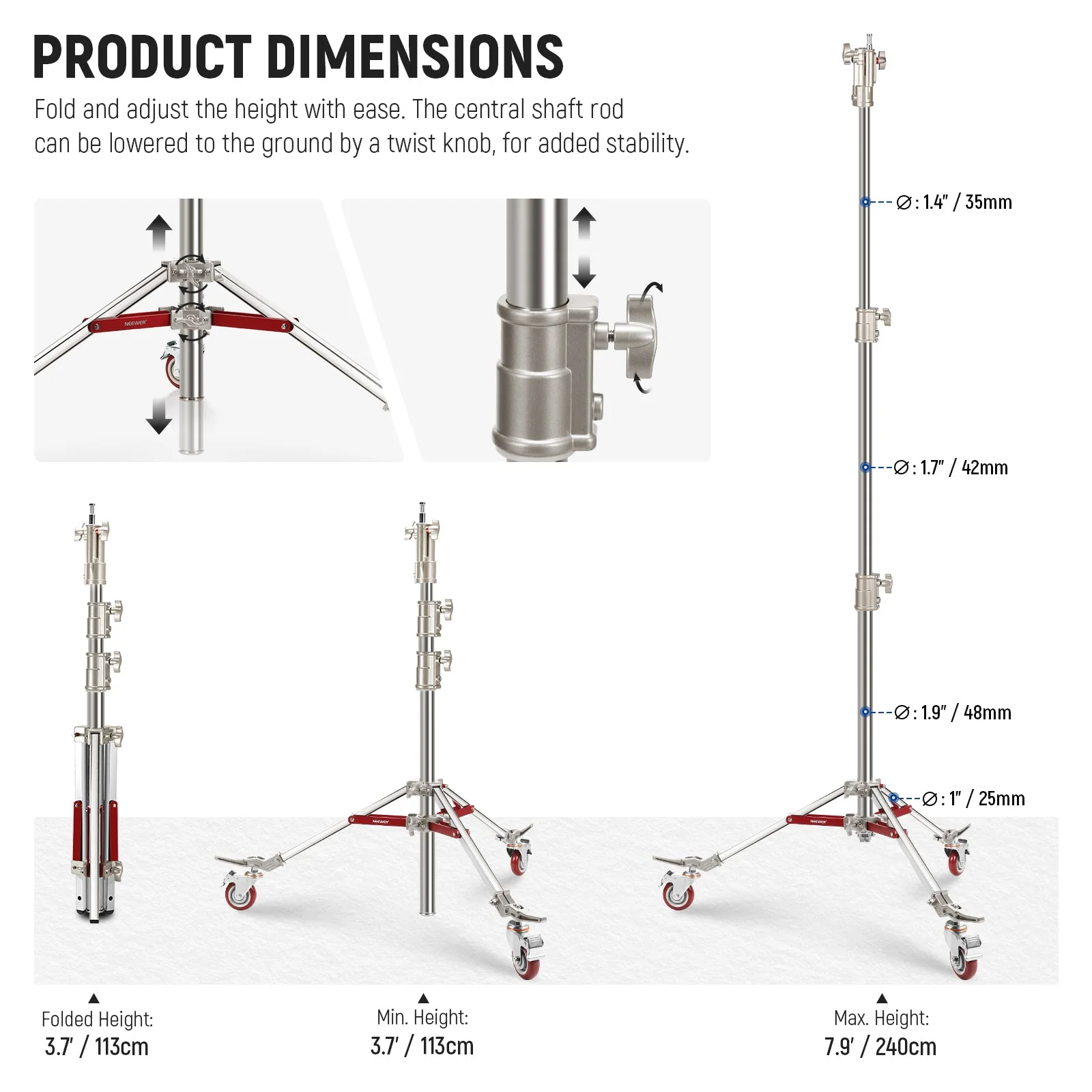 NEEWER ST240SS 240cm Heavy Duty Stainless Steel Wheeled Light Stand - Image 4