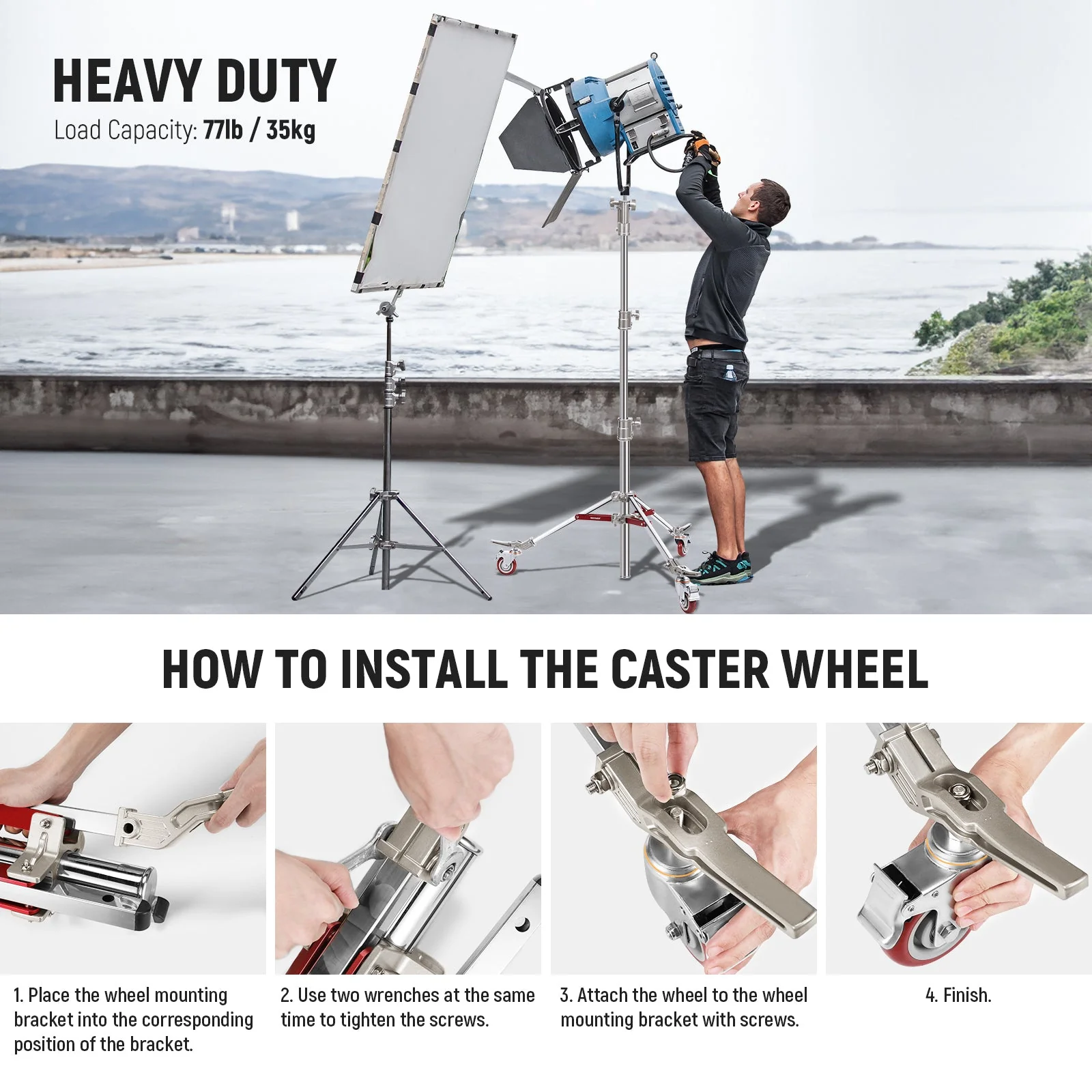 NEEWER ST240SS 240cm Heavy Duty Stainless Steel Wheeled Light Stand - Image 5