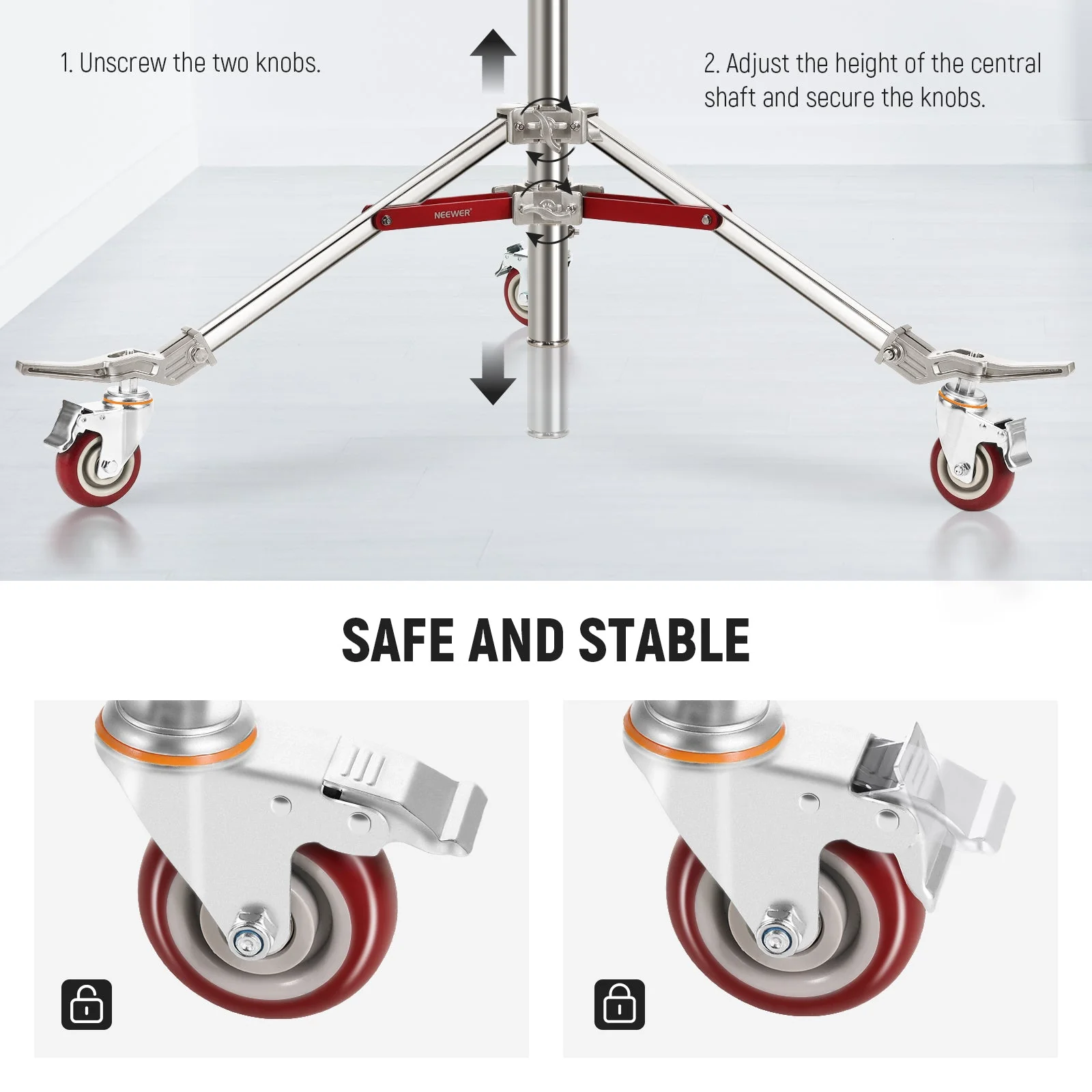 NEEWER ST240SS 240cm Heavy Duty Stainless Steel Wheeled Light Stand - Image 7