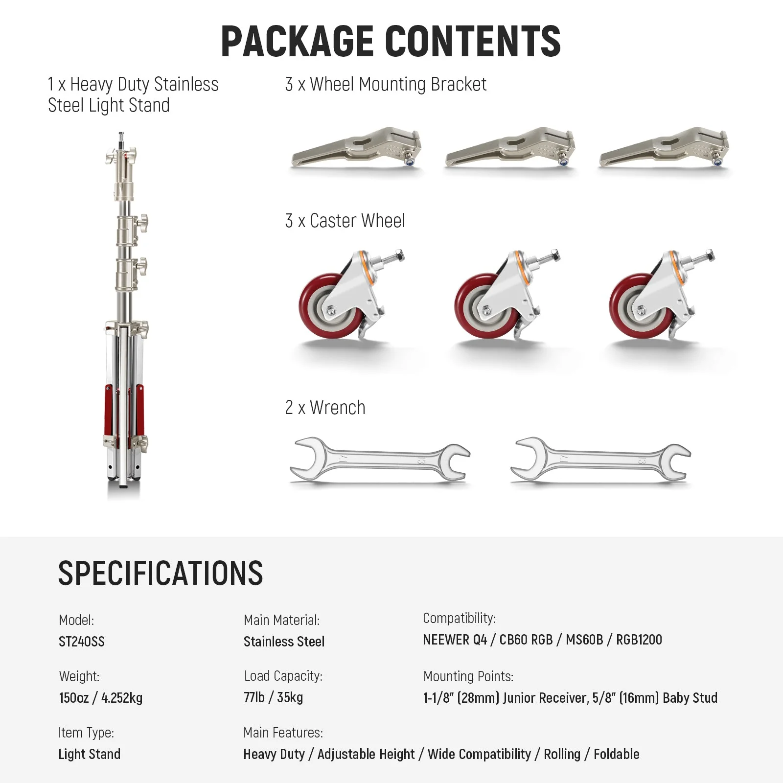 NEEWER ST240SS 240cm Heavy Duty Stainless Steel Wheeled Light Stand - Image 9