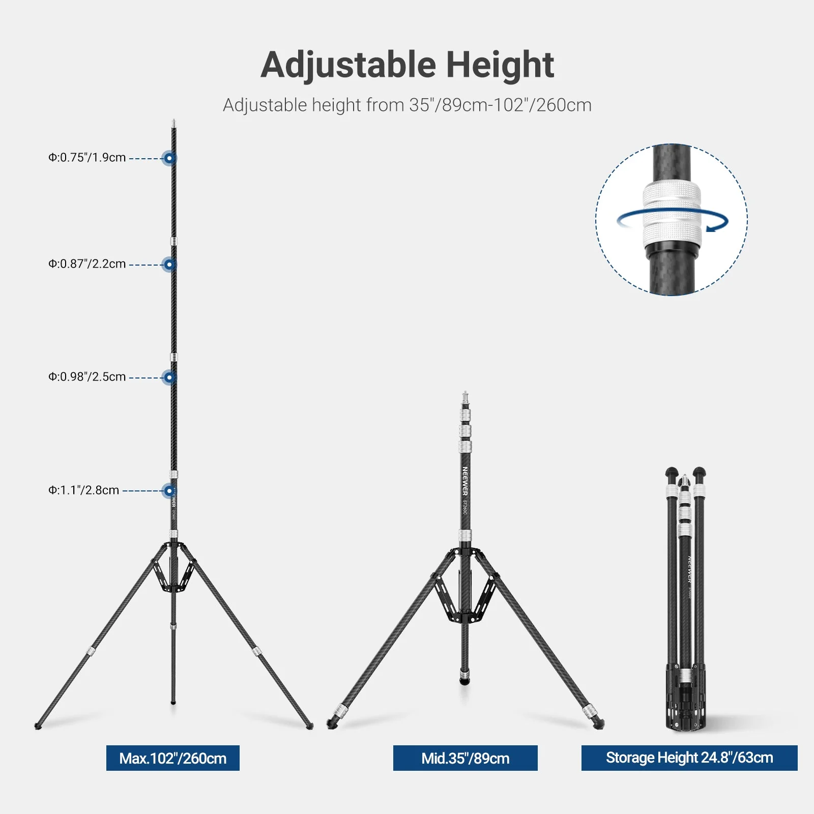 NEEWER ST260C 260cm Carbon Fiber Light Stand - Image 2