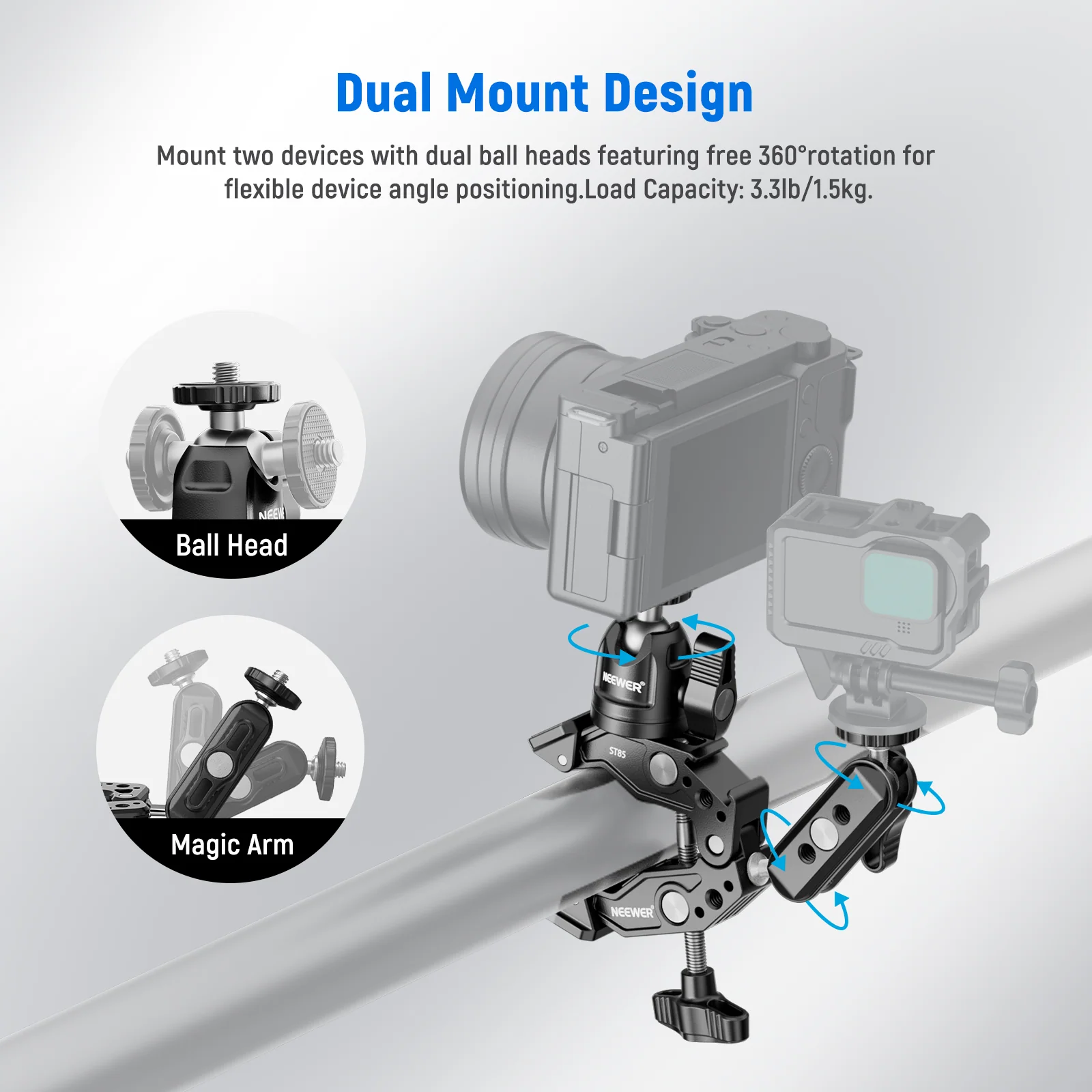 NEEWER ST58 Super Clamp with 3" Dual Ballhead Magic Arm - Image 3