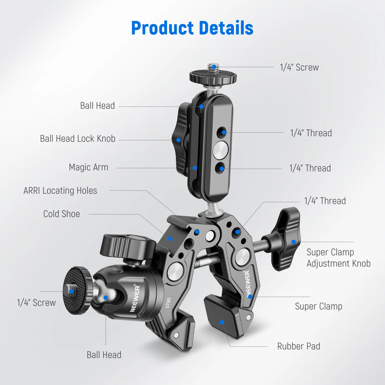 NEEWER ST58 Super Clamp with 3" Dual Ballhead Magic Arm - Image 6