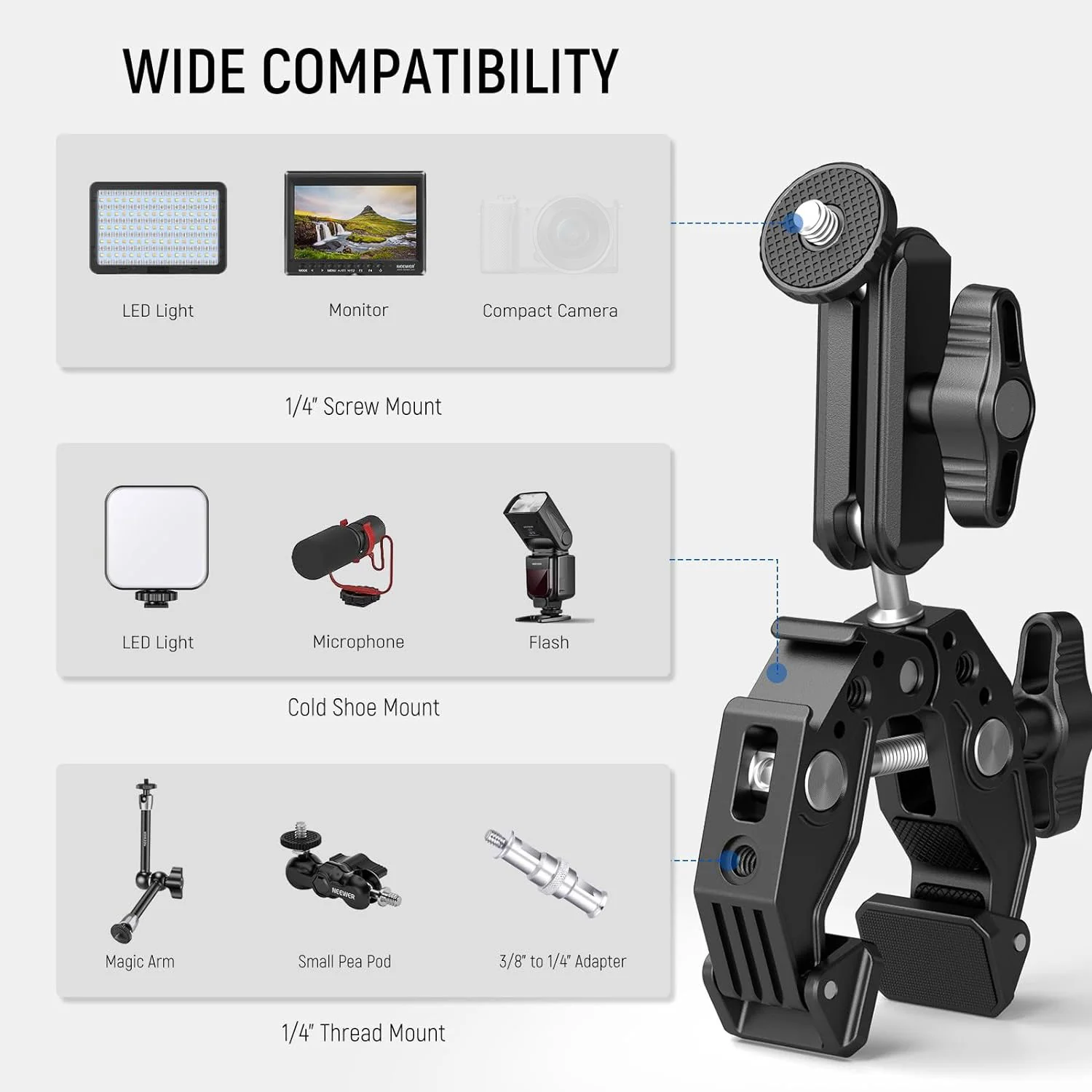 NEEWER ST83 Super Clamp with 3" Dual Ballhead Magic Arm - Image 6