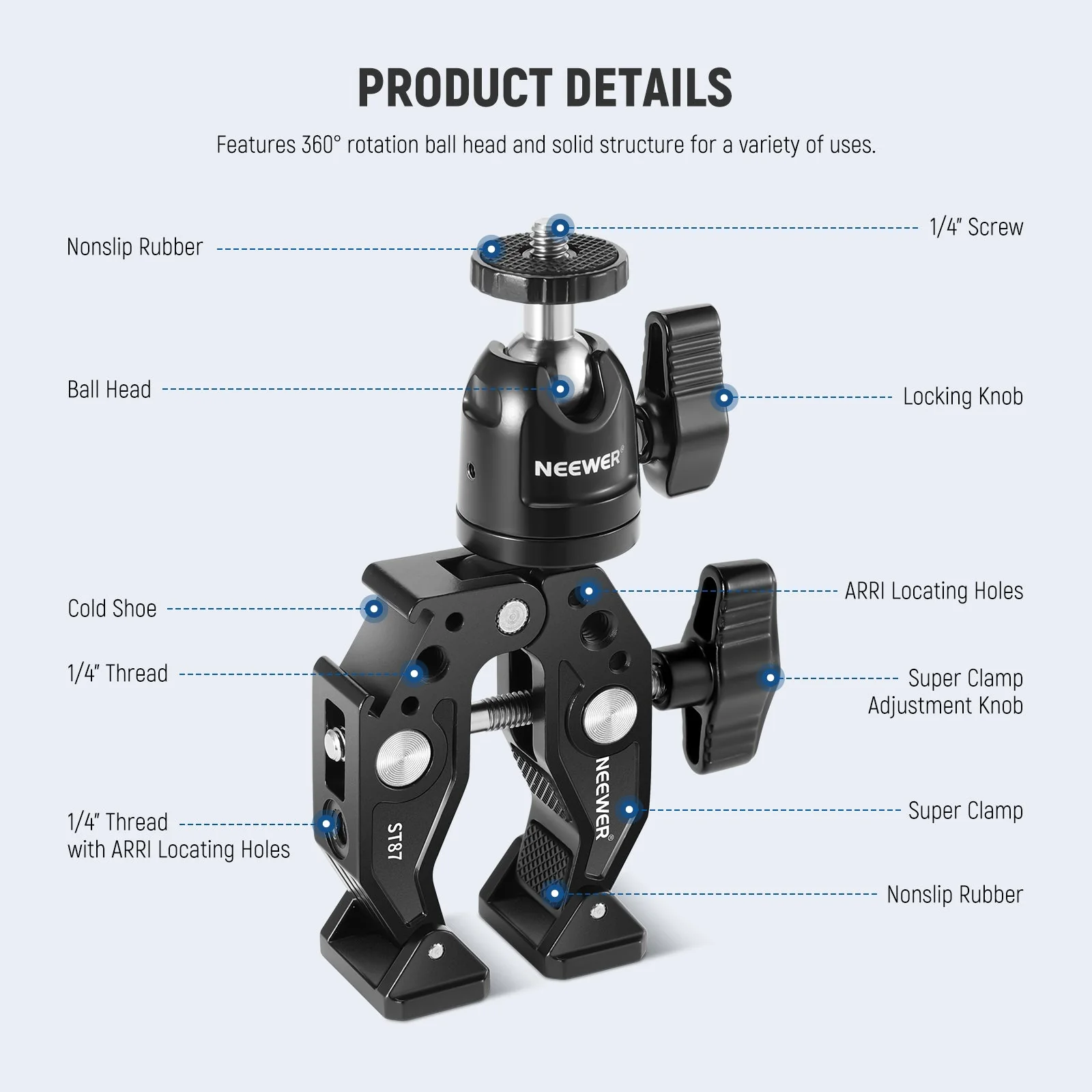 NEEWER ST87 3" Super Clamp with Phone Holder & Action Camera Adapter - Image 2