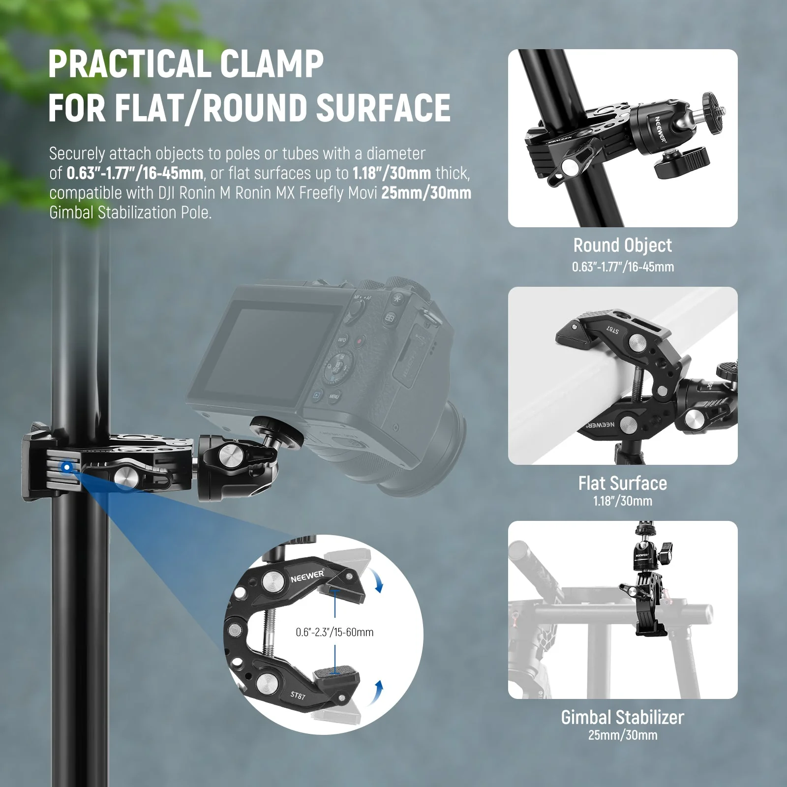 NEEWER ST87 3" Super Clamp with Phone Holder & Action Camera Adapter - Image 4