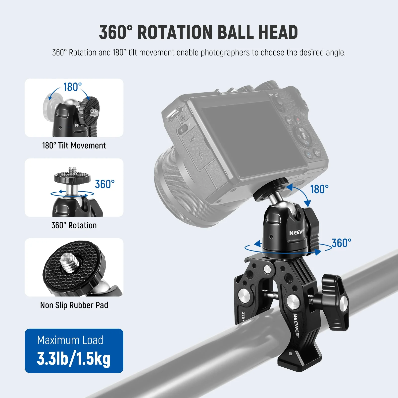 NEEWER ST87 3" Super Clamp with Phone Holder & Action Camera Adapter - Image 5