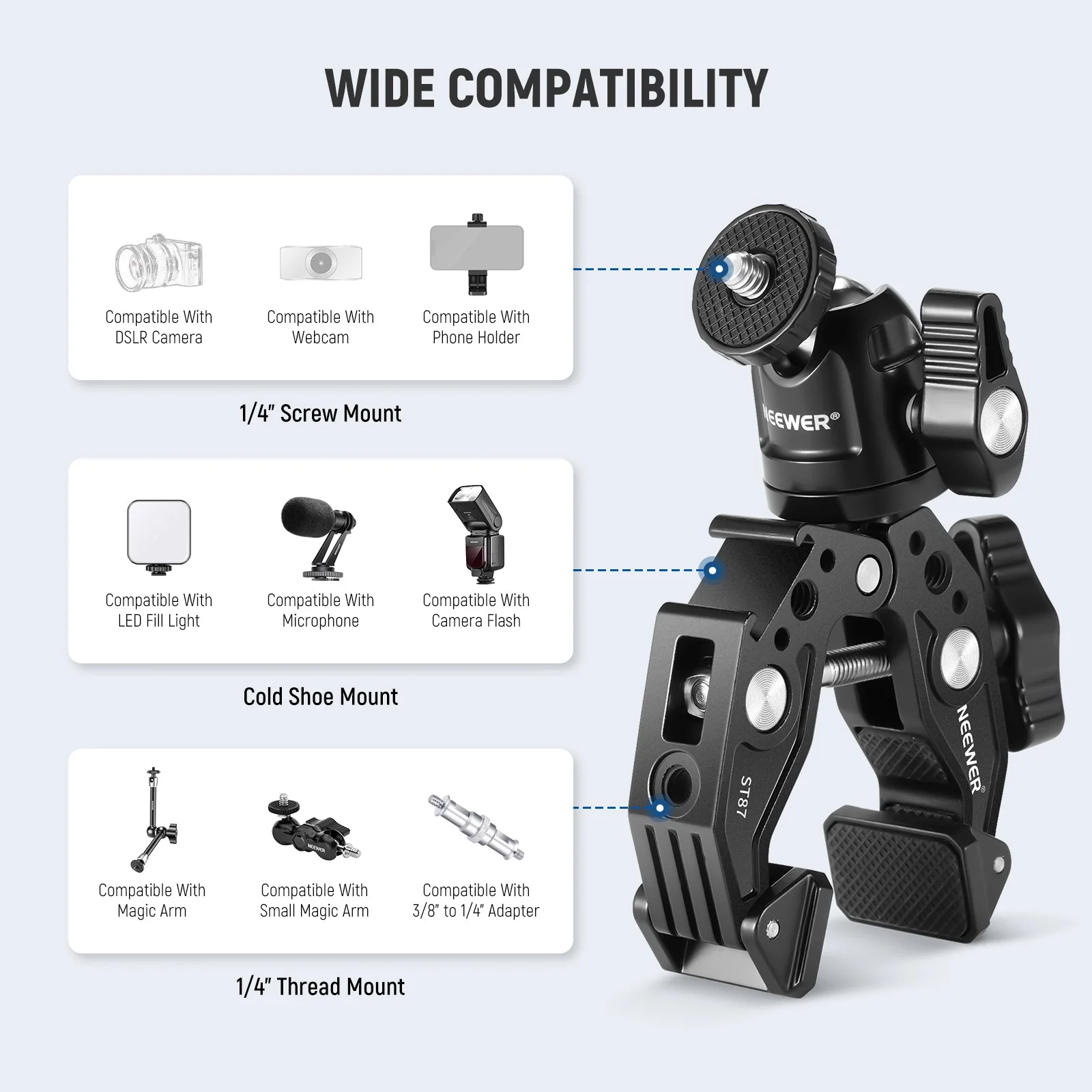NEEWER ST87 3" Super Clamp with Phone Holder & Action Camera Adapter - Image 6